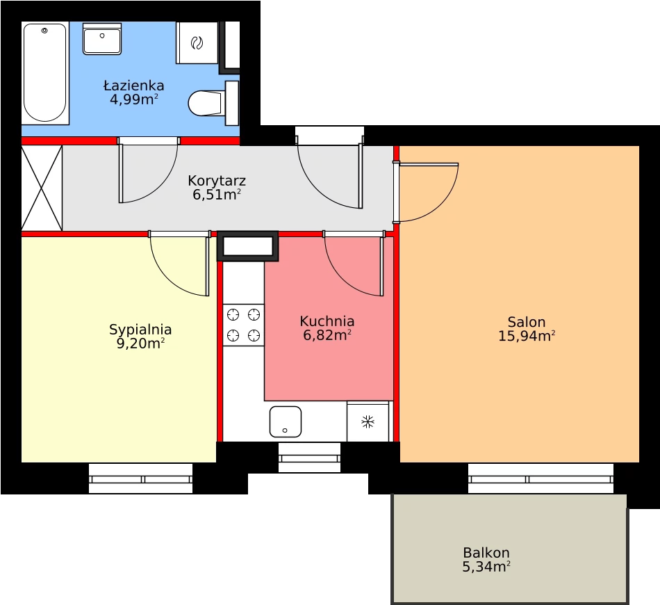 2 pokoje, mieszkanie 43,49 m², piętro 4, oferta nr D2/P4/1, Osiedle Jodłowa etap II, Oława, ul. Jodłowa