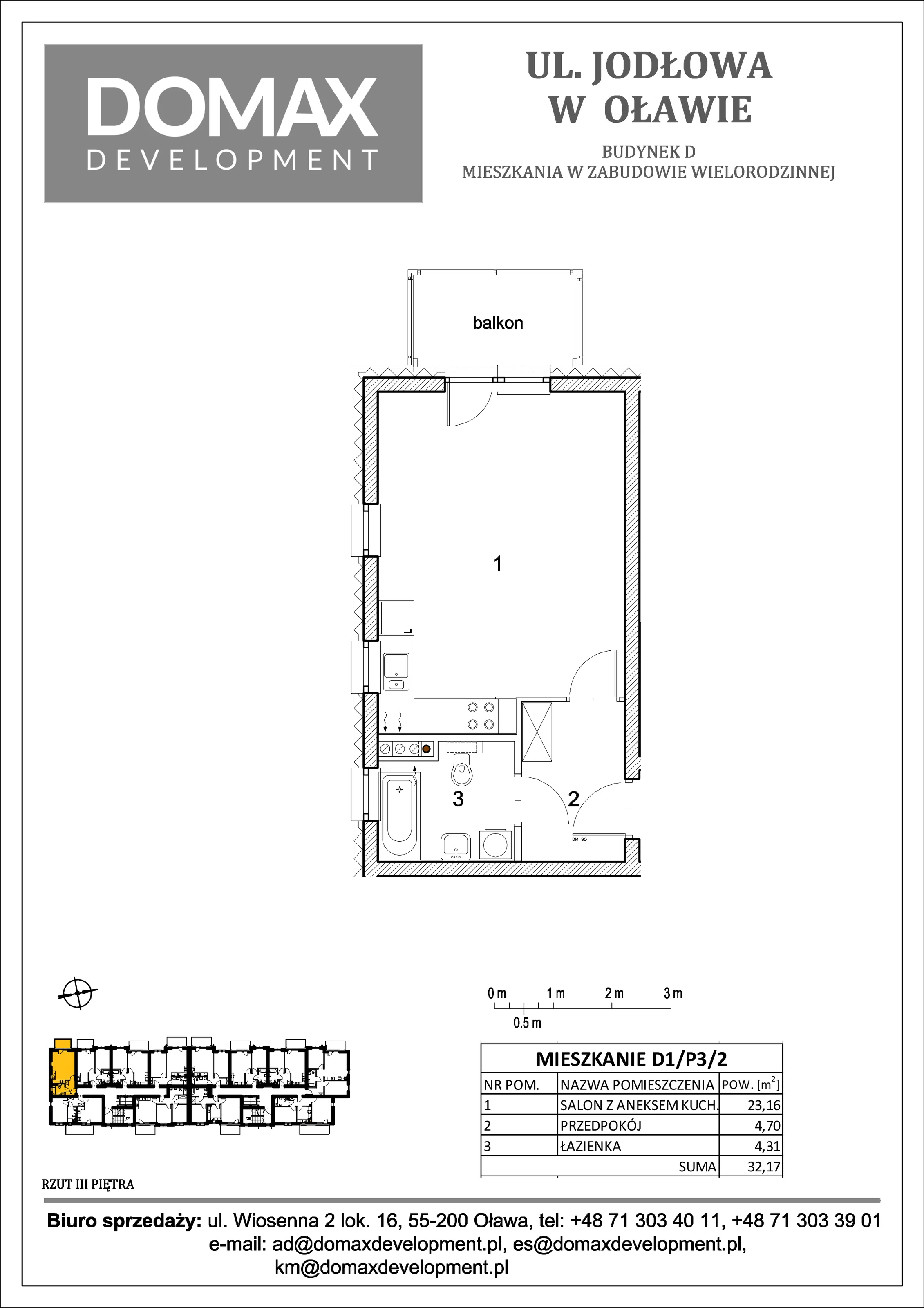 Mieszkanie 32,17 m², piętro 3, oferta nr D1/P3/2, Osiedle Jodłowa etap II, Oława, ul. Jodłowa
