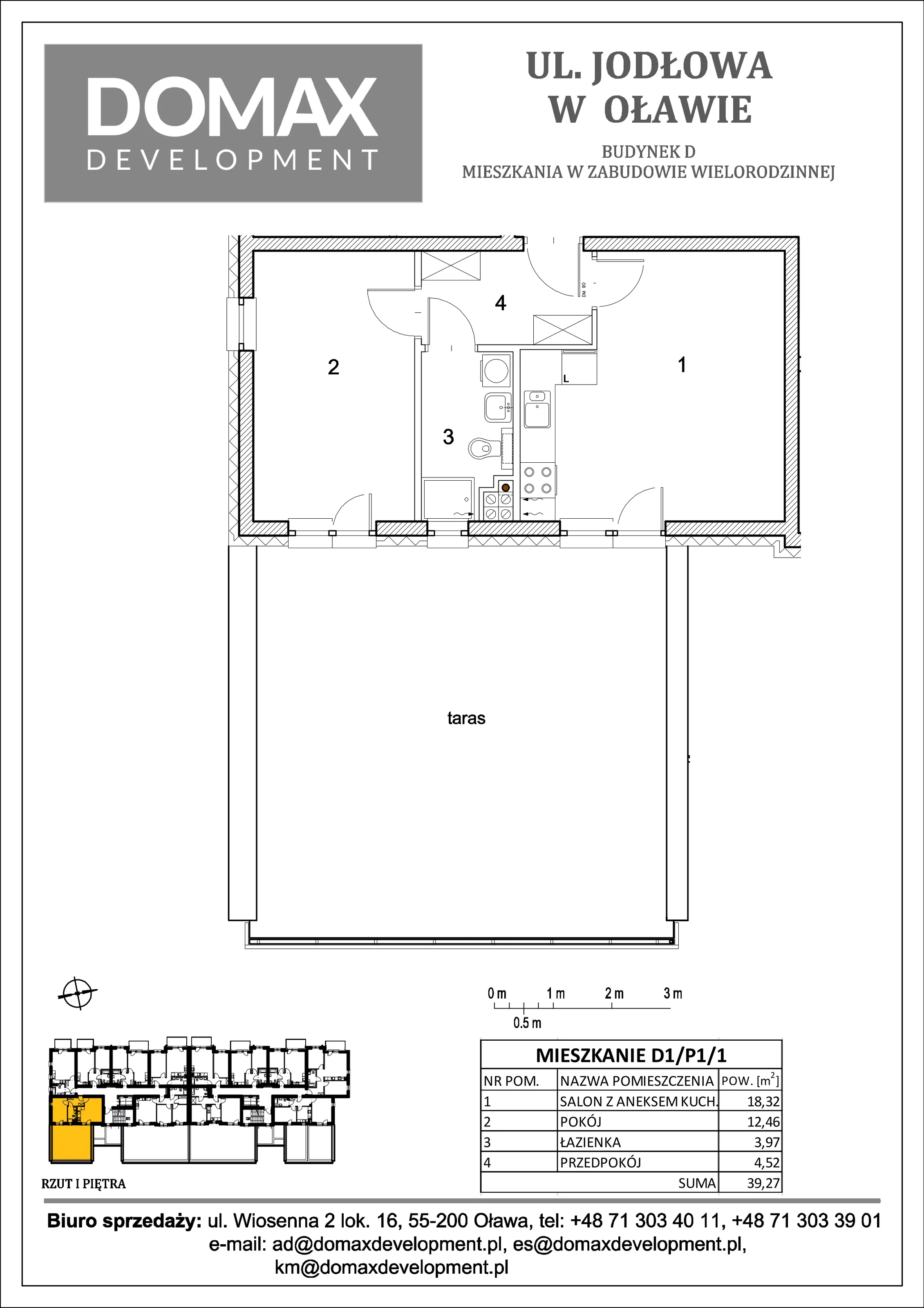 Mieszkanie 39,27 m², piętro 1, oferta nr D1/P1/1, Osiedle Jodłowa etap II, Oława, ul. Jodłowa