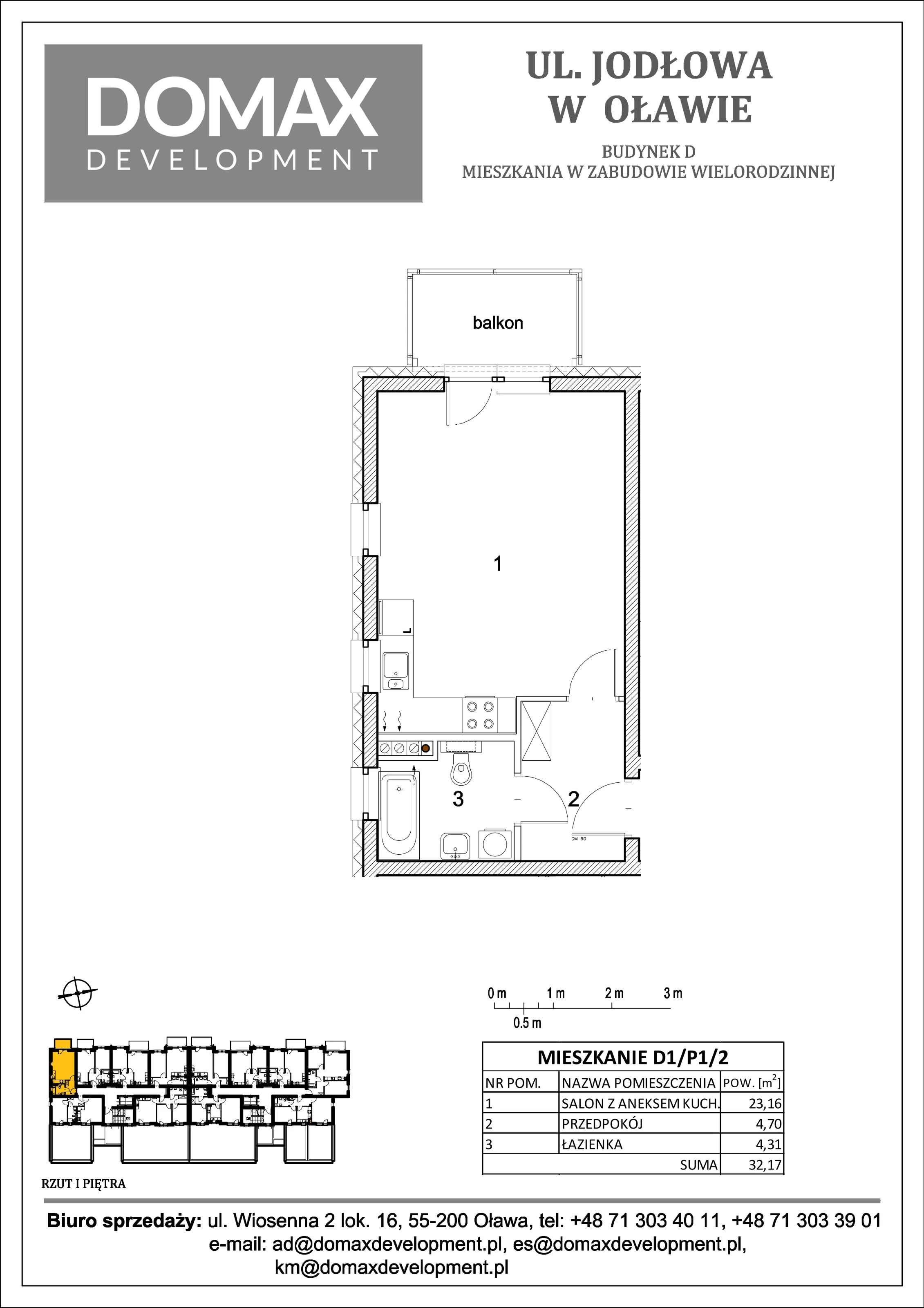 Mieszkanie 32,17 m², piętro 1, oferta nr D1/P1/2, Osiedle Jodłowa etap II, Oława, ul. Jodłowa