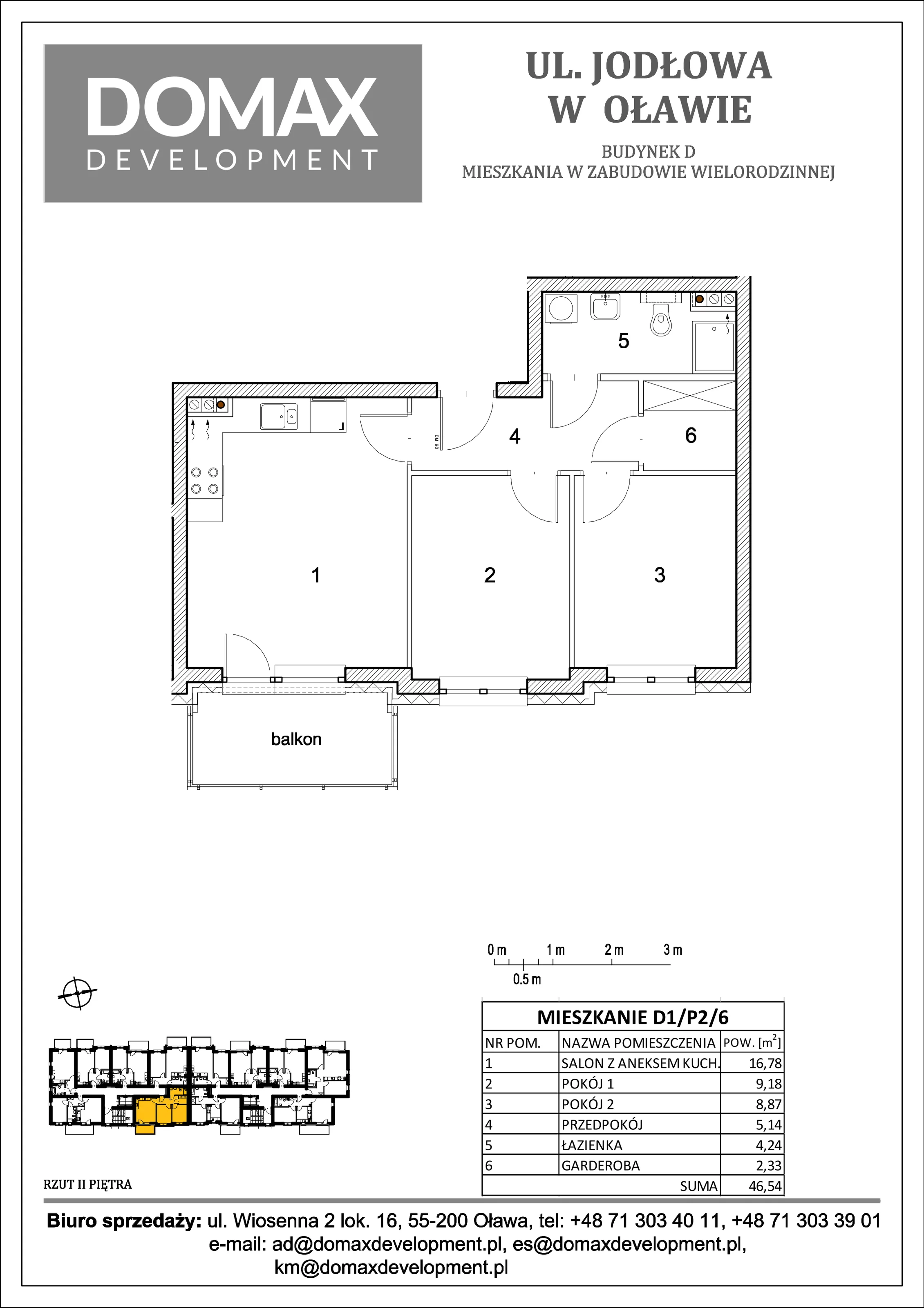 3 pokoje, mieszkanie 46,54 m², piętro 2, oferta nr D1/P2/6, Osiedle Jodłowa etap II, Oława, ul. Jodłowa