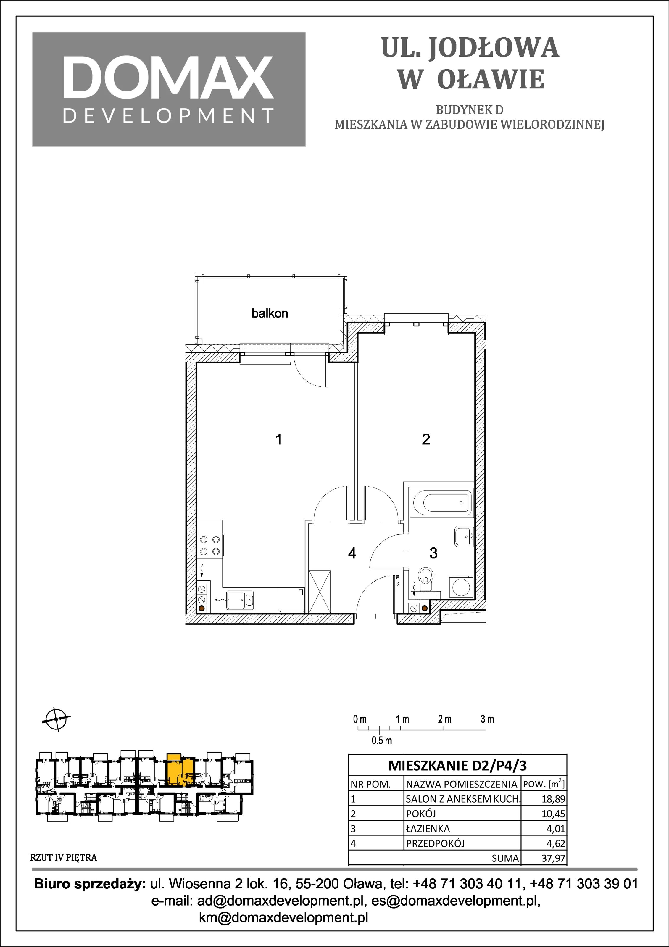 Mieszkanie 37,97 m², piętro 4, oferta nr D2/P4/3, Osiedle Jodłowa etap II, Oława, ul. Jodłowa