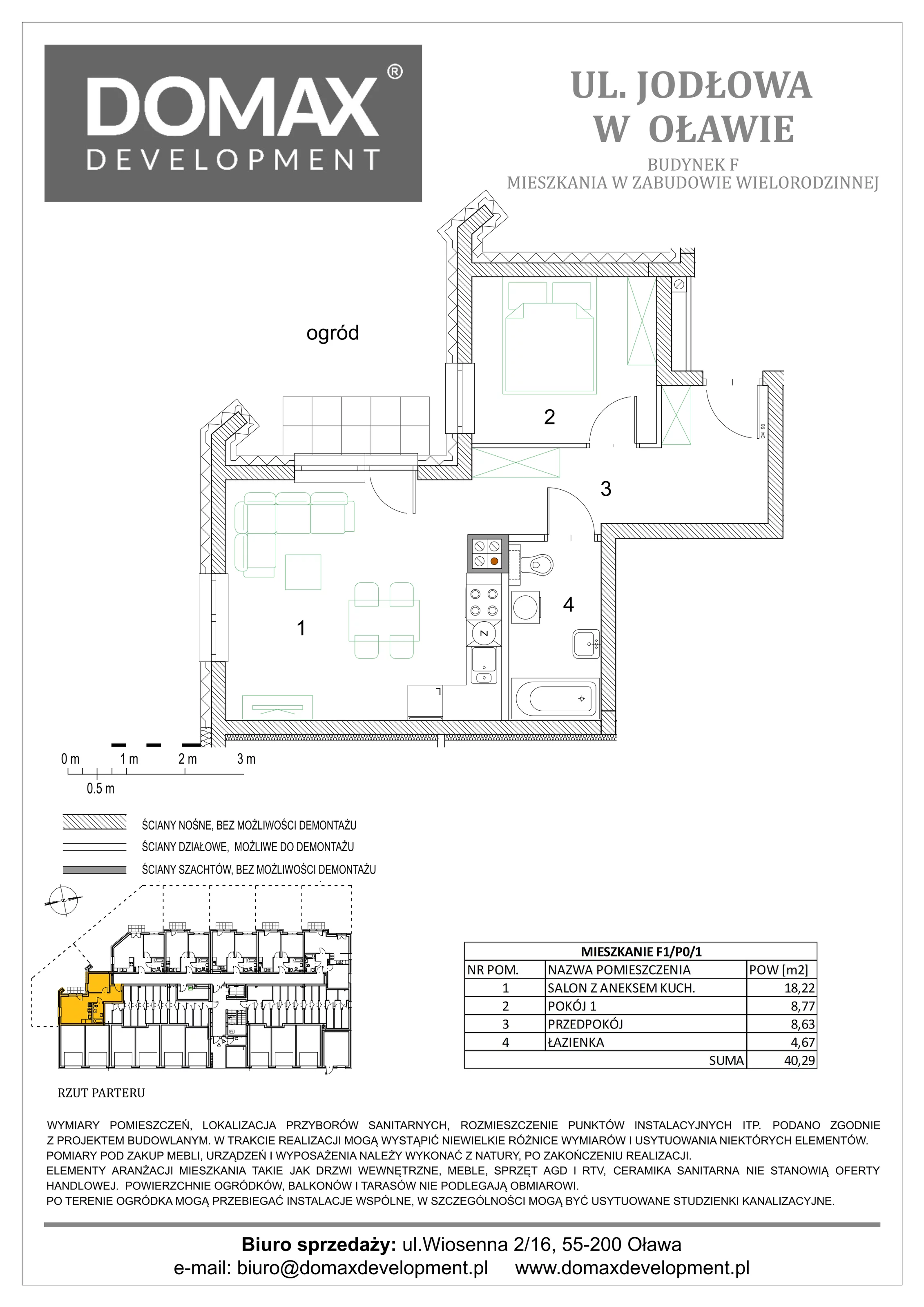 2 pokoje, mieszkanie 40,29 m², parter, oferta nr F1/P0/1, Osiedle Jodłowa etap III, Oława, ul. Jodłowa 46