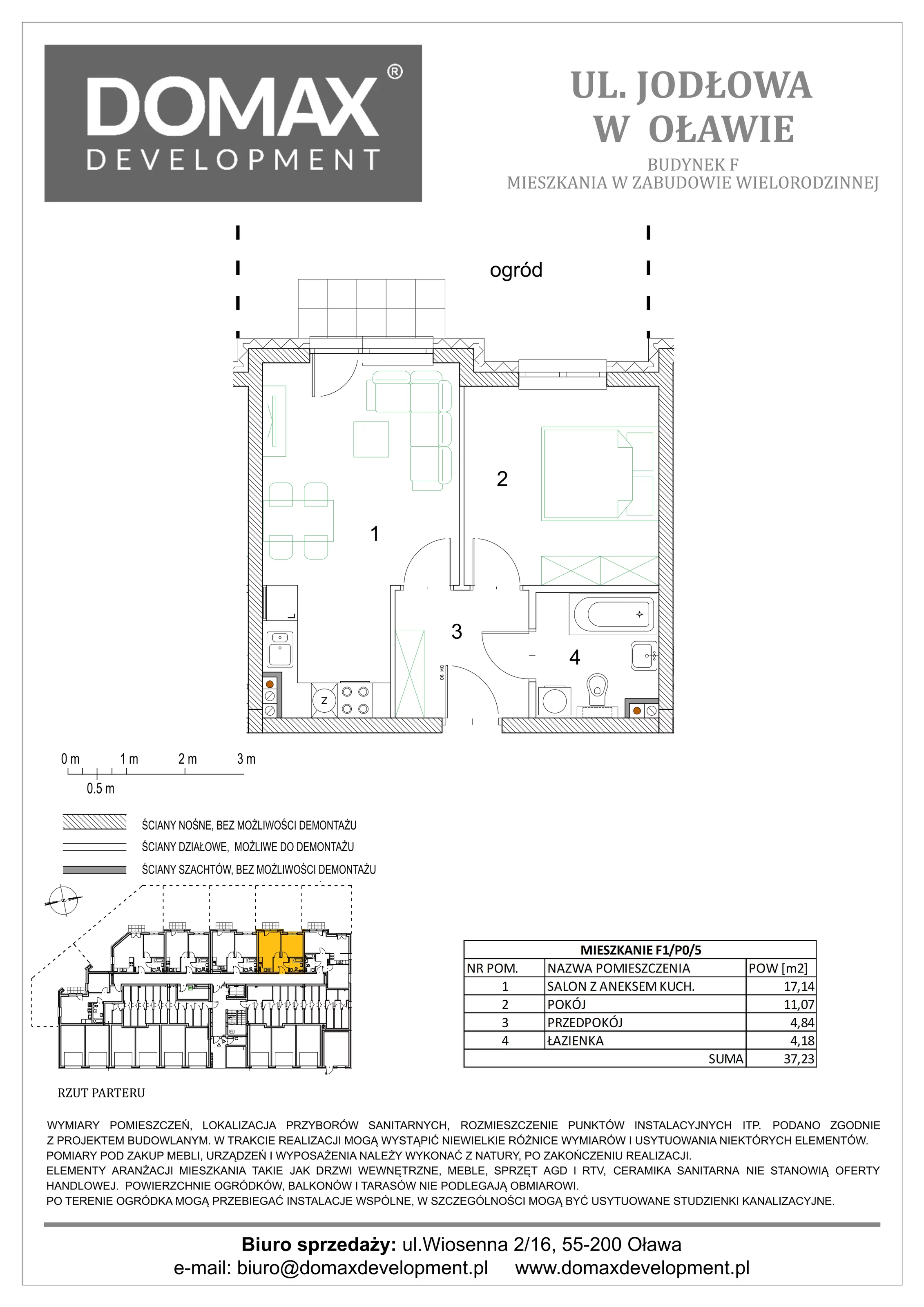 2 pokoje, mieszkanie 37,23 m², parter, oferta nr F1/P0/5, Osiedle Jodłowa etap III, Oława, ul. Jodłowa 46