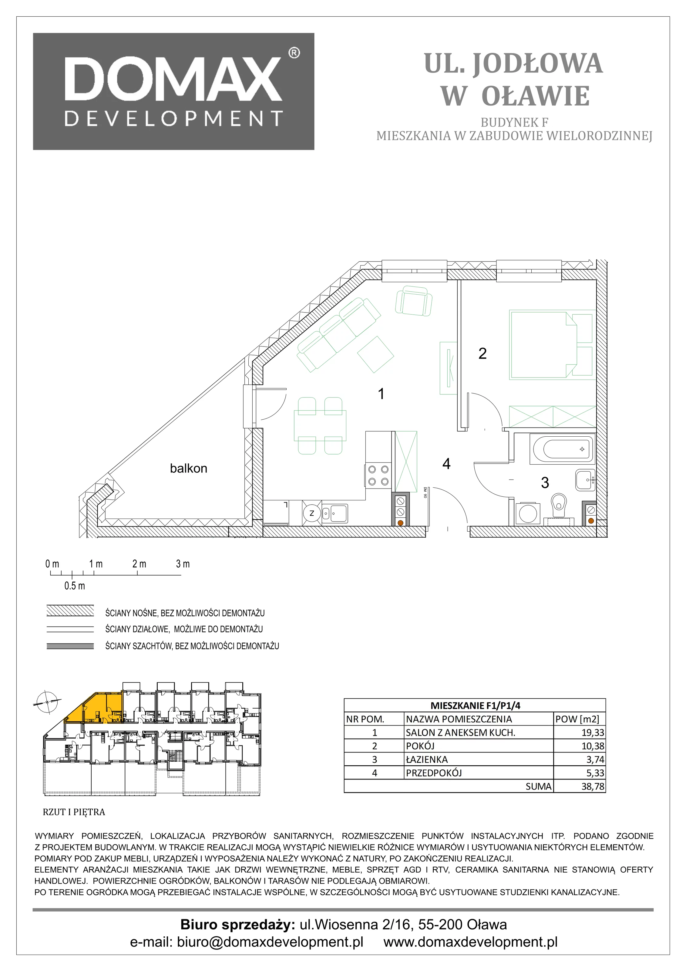 2 pokoje, mieszkanie 38,78 m², piętro 1, oferta nr F1/P1/4, Osiedle Jodłowa etap III, Oława, ul. Jodłowa 46