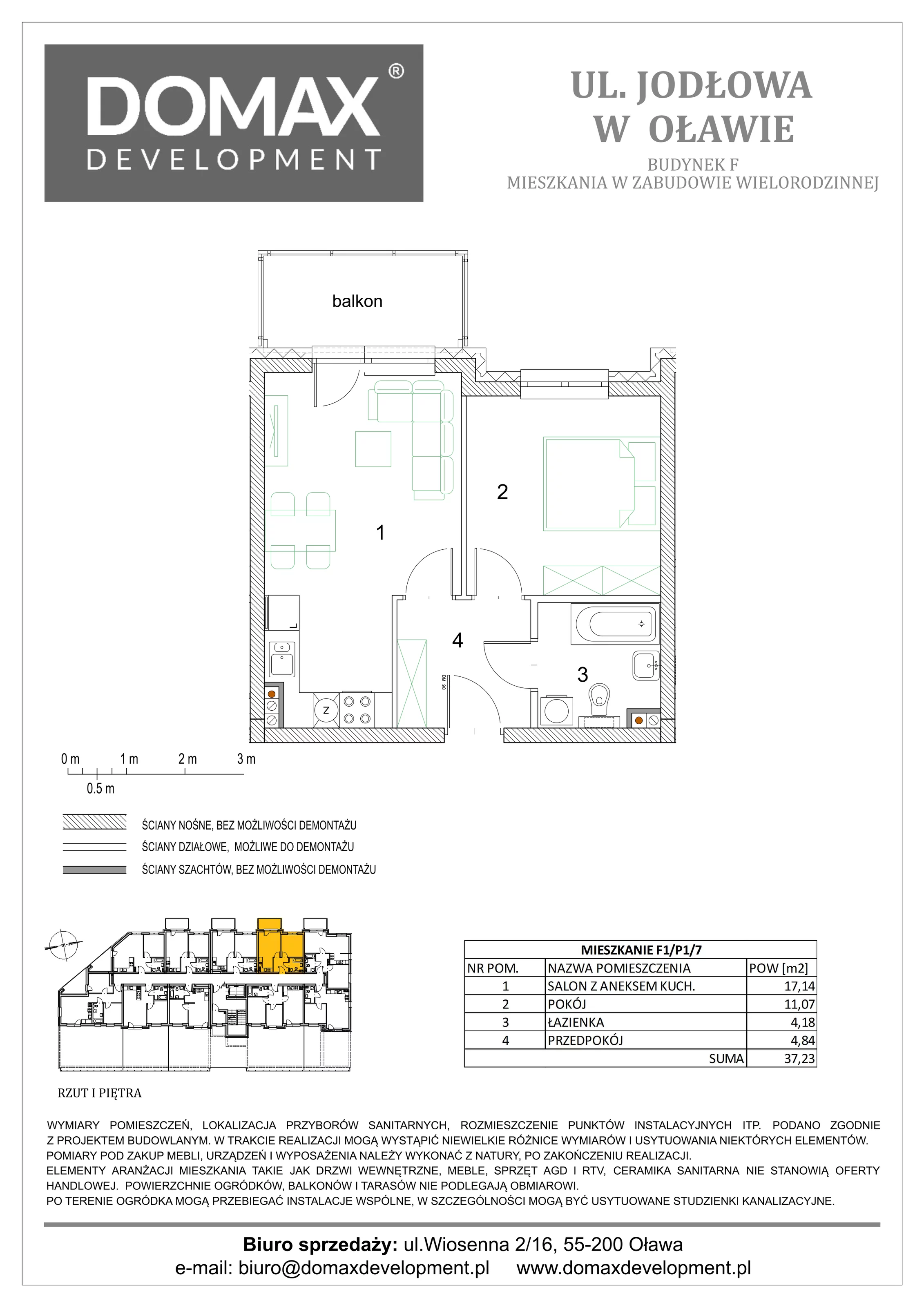 2 pokoje, mieszkanie 37,23 m², piętro 1, oferta nr F1/P1/7, Osiedle Jodłowa etap III, Oława, ul. Jodłowa 46