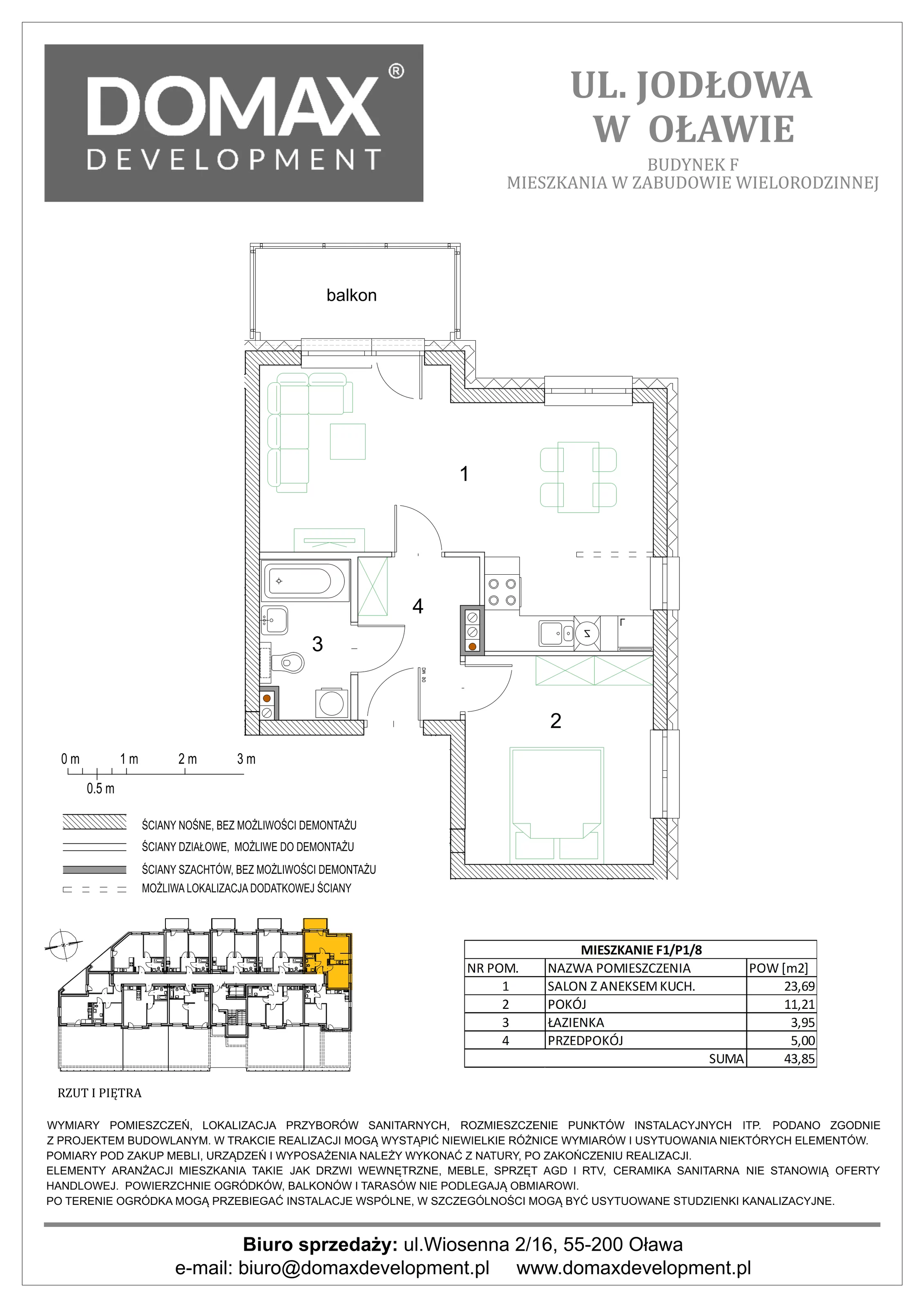 2 pokoje, mieszkanie 43,85 m², piętro 1, oferta nr F1/P1/8, Osiedle Jodłowa etap III, Oława, ul. Jodłowa 46
