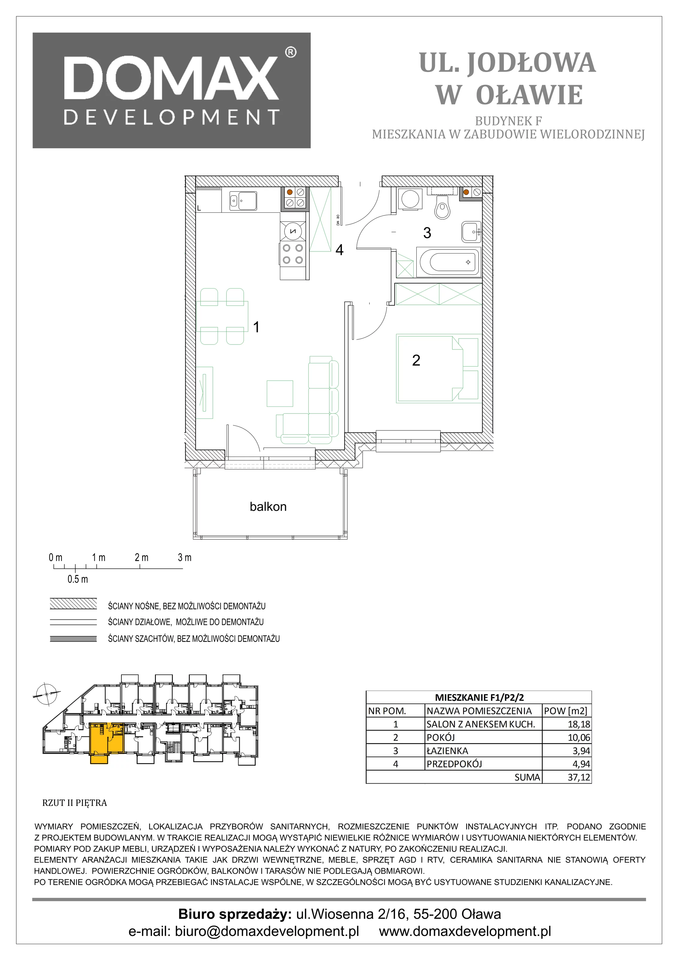 2 pokoje, mieszkanie 37,12 m², piętro 2, oferta nr F1/P2/2, Osiedle Jodłowa etap III, Oława, ul. Jodłowa 46