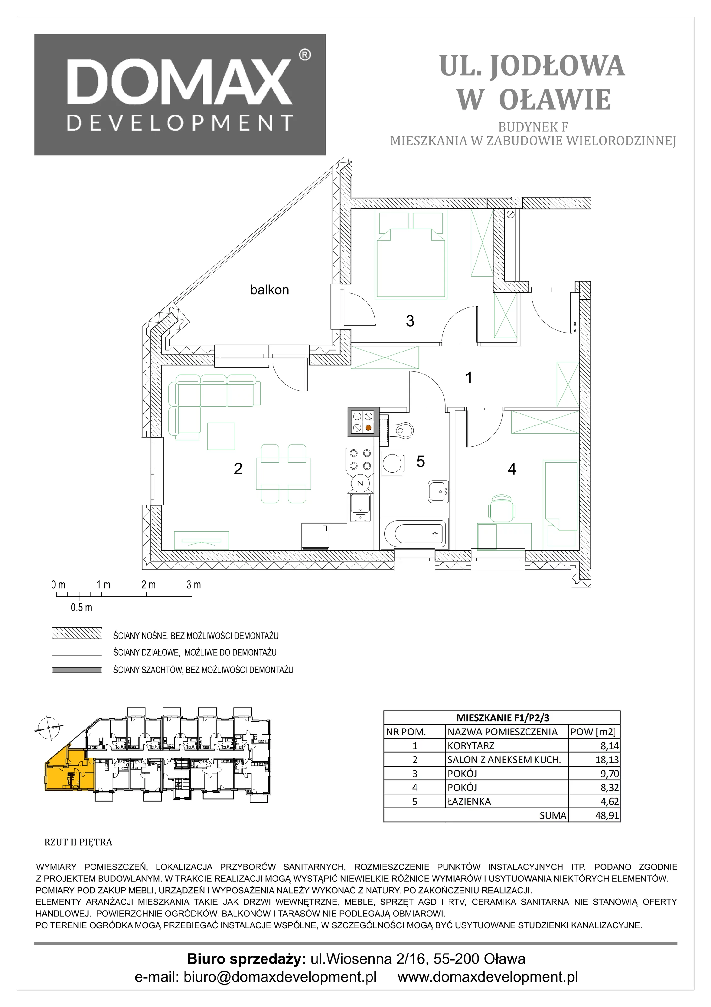 3 pokoje, mieszkanie 48,91 m², piętro 2, oferta nr F1/P2/3, Osiedle Jodłowa etap III, Oława, ul. Jodłowa 46