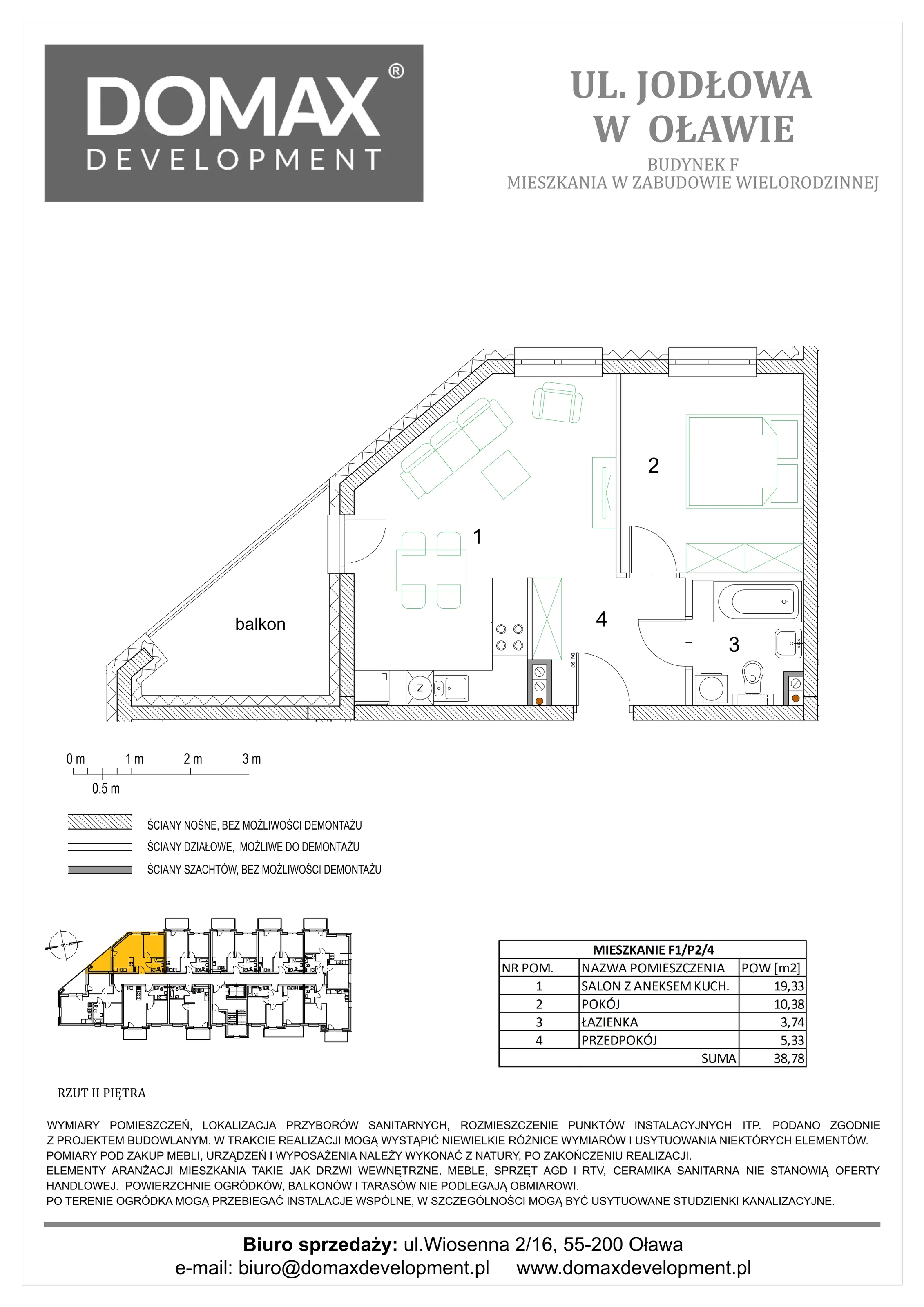 2 pokoje, mieszkanie 38,78 m², piętro 2, oferta nr F1/P2/4, Osiedle Jodłowa etap III, Oława, ul. Jodłowa 46