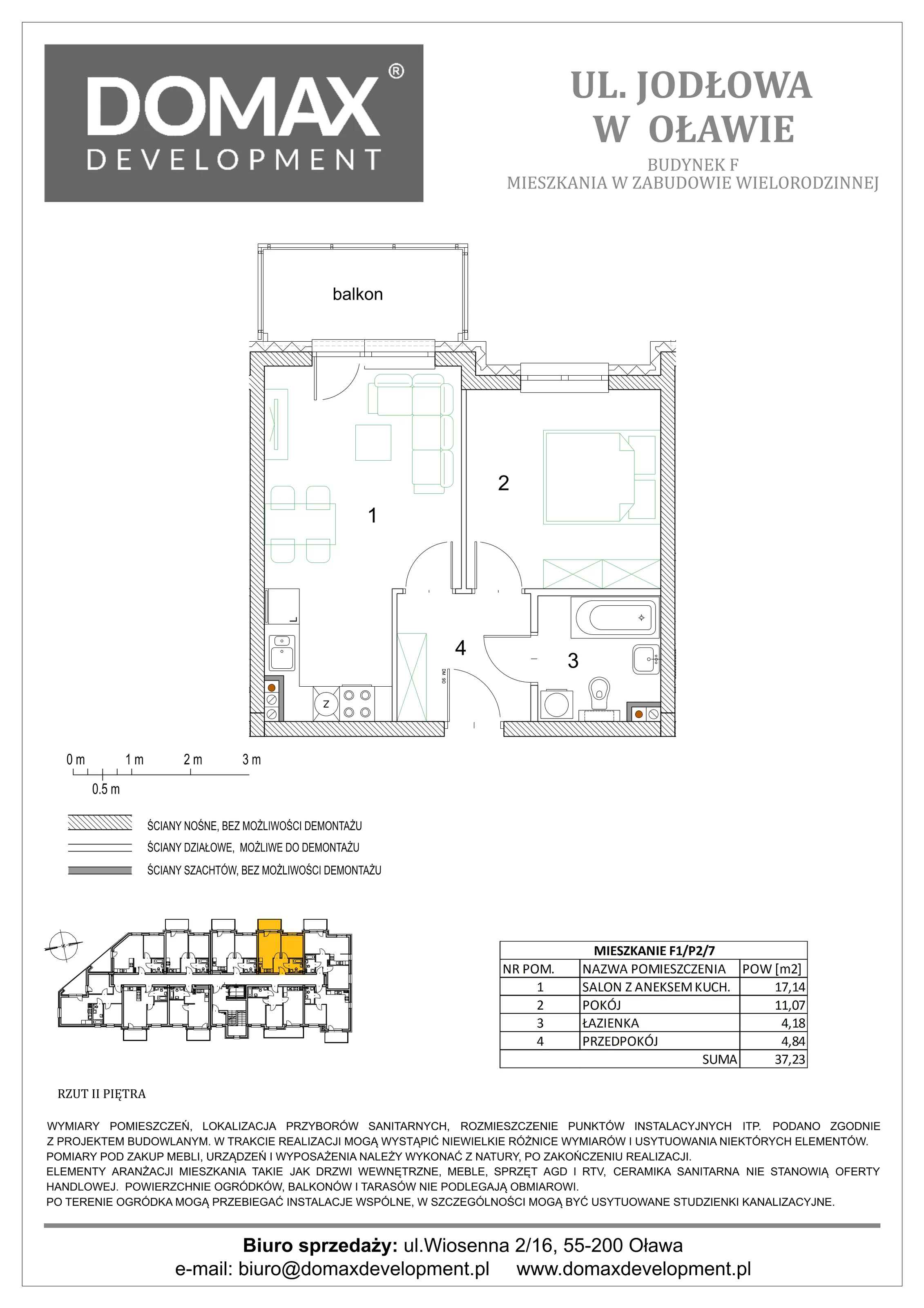 2 pokoje, mieszkanie 37,23 m², piętro 2, oferta nr F1/P2/7, Osiedle Jodłowa etap III, Oława, ul. Jodłowa 46