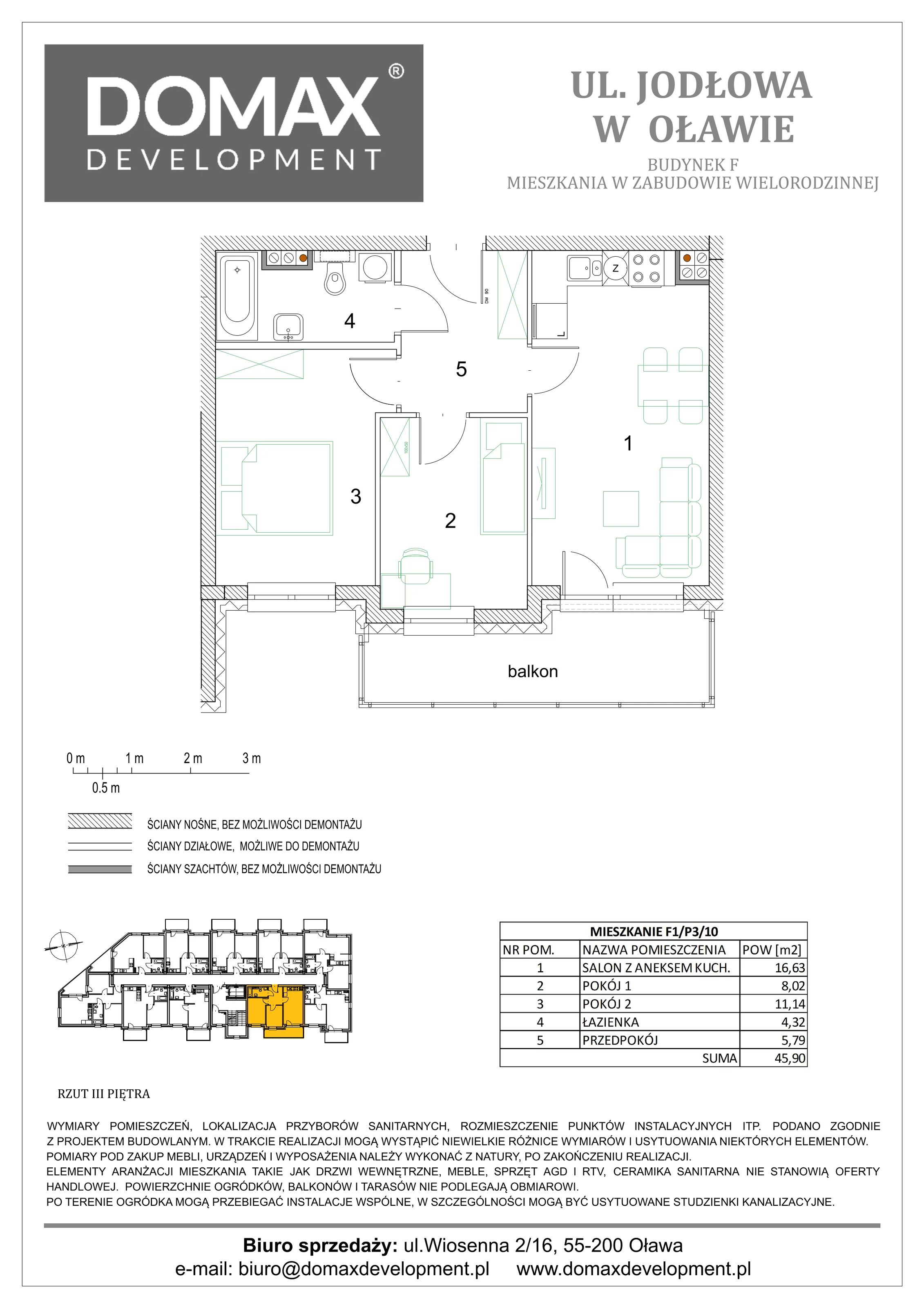 3 pokoje, mieszkanie 45,90 m², piętro 3, oferta nr F1/P3/10, Osiedle Jodłowa etap III, Oława, ul. Jodłowa 46
