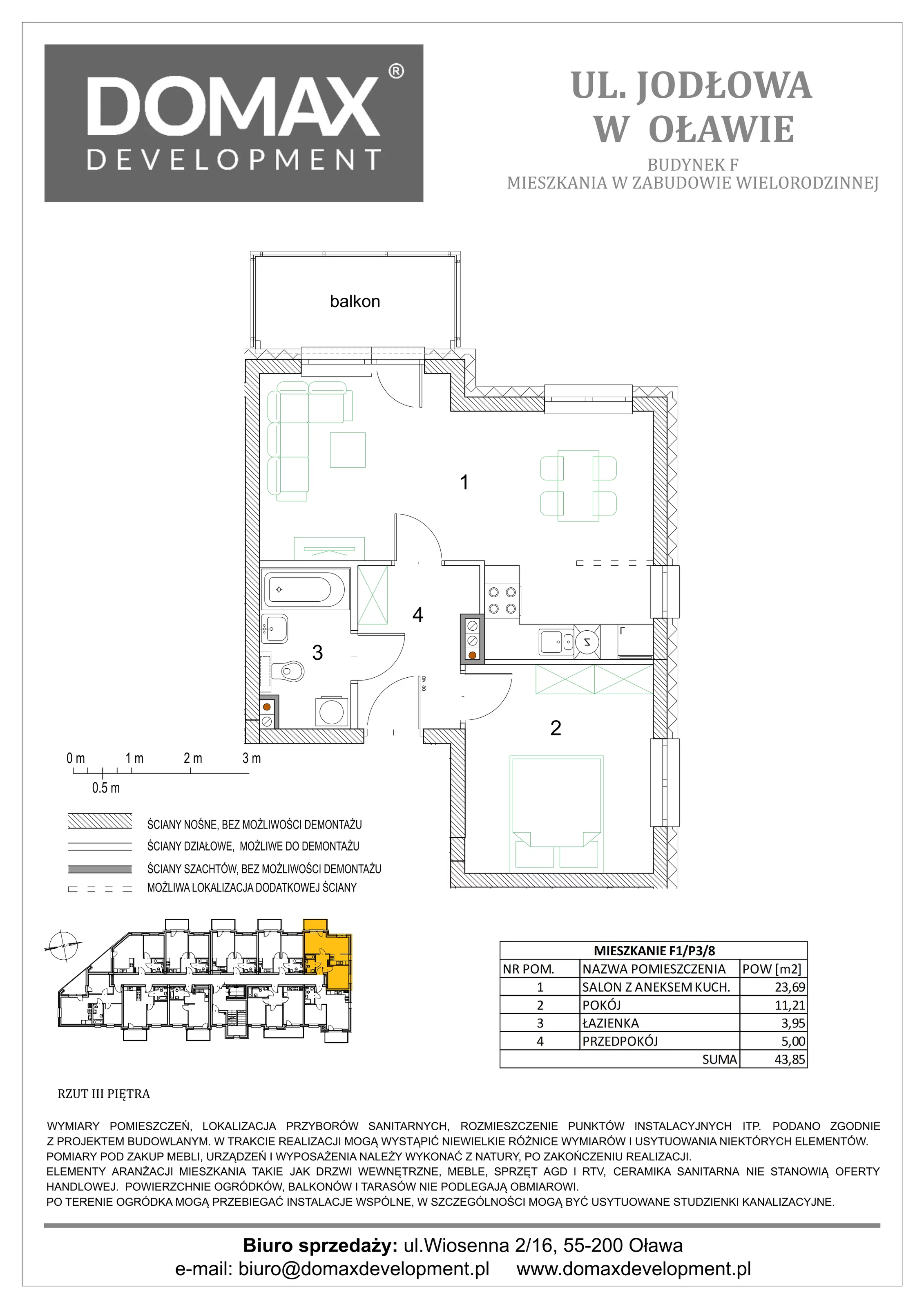 2 pokoje, mieszkanie 43,85 m², piętro 3, oferta nr F1/P3/8, Osiedle Jodłowa etap III, Oława, ul. Jodłowa 46