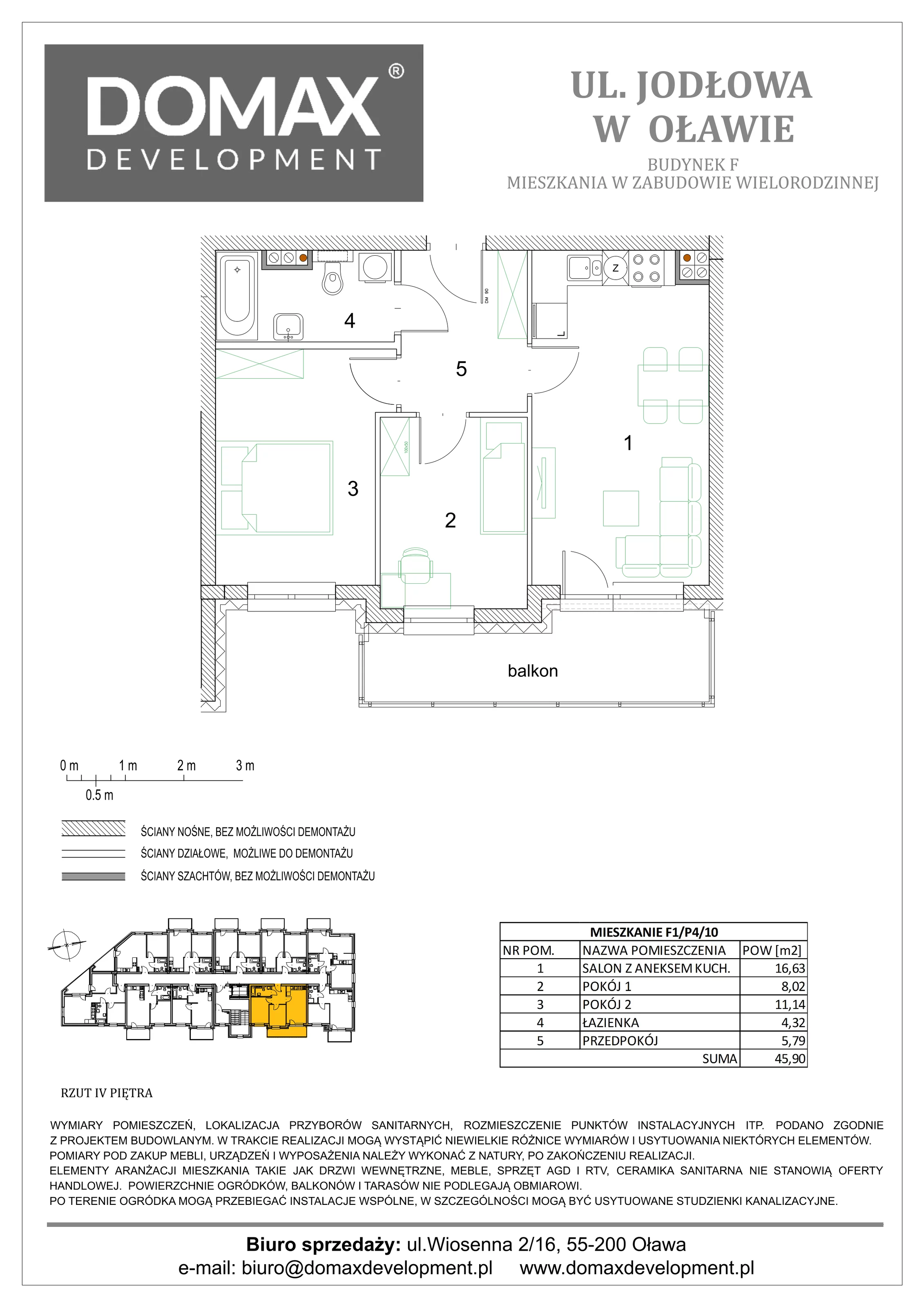 3 pokoje, mieszkanie 45,90 m², piętro 4, oferta nr F1/P4/10, Osiedle Jodłowa etap III, Oława, ul. Jodłowa 46