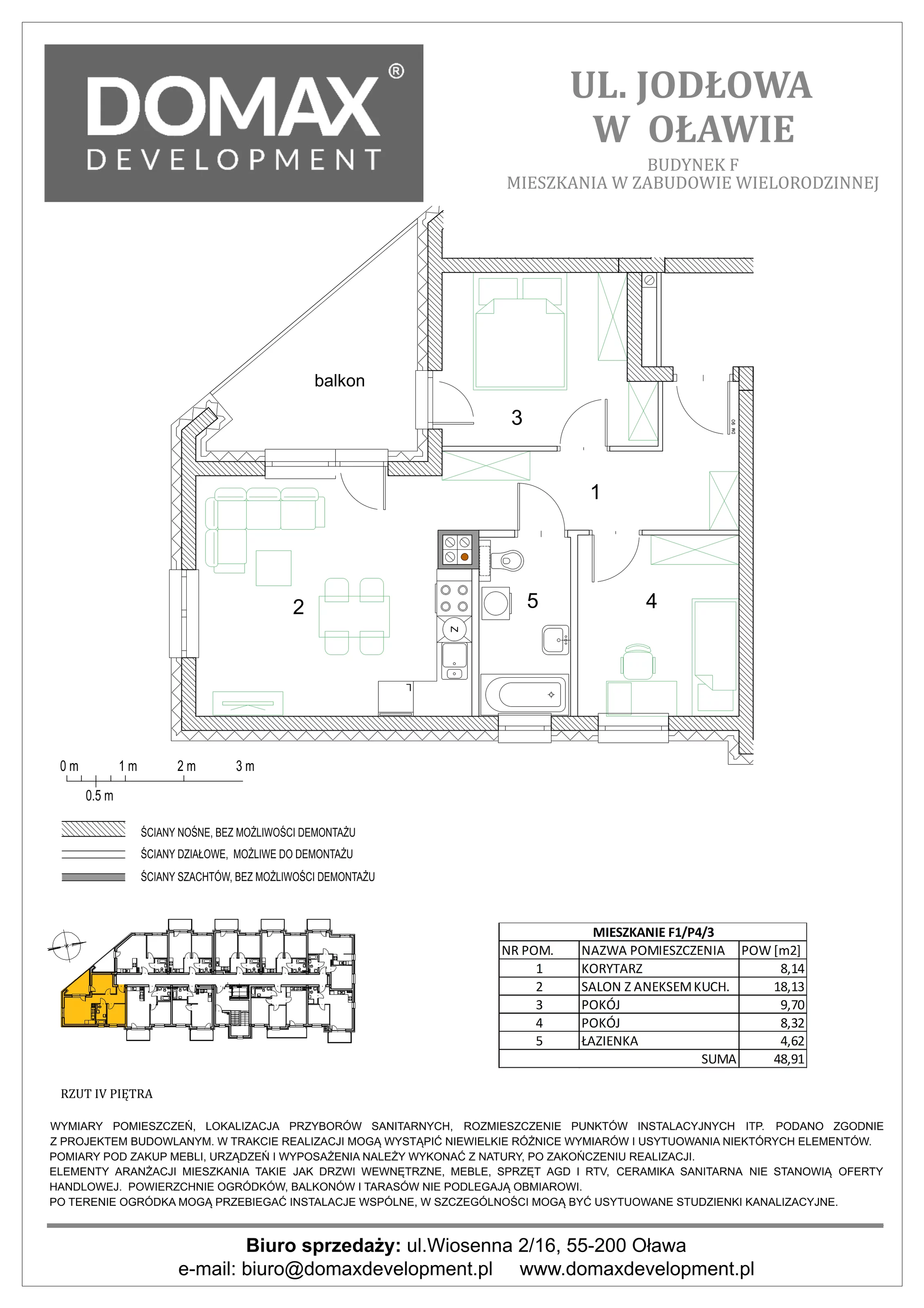 3 pokoje, mieszkanie 48,91 m², piętro 4, oferta nr F1/P4/3, Osiedle Jodłowa etap III, Oława, ul. Jodłowa 46
