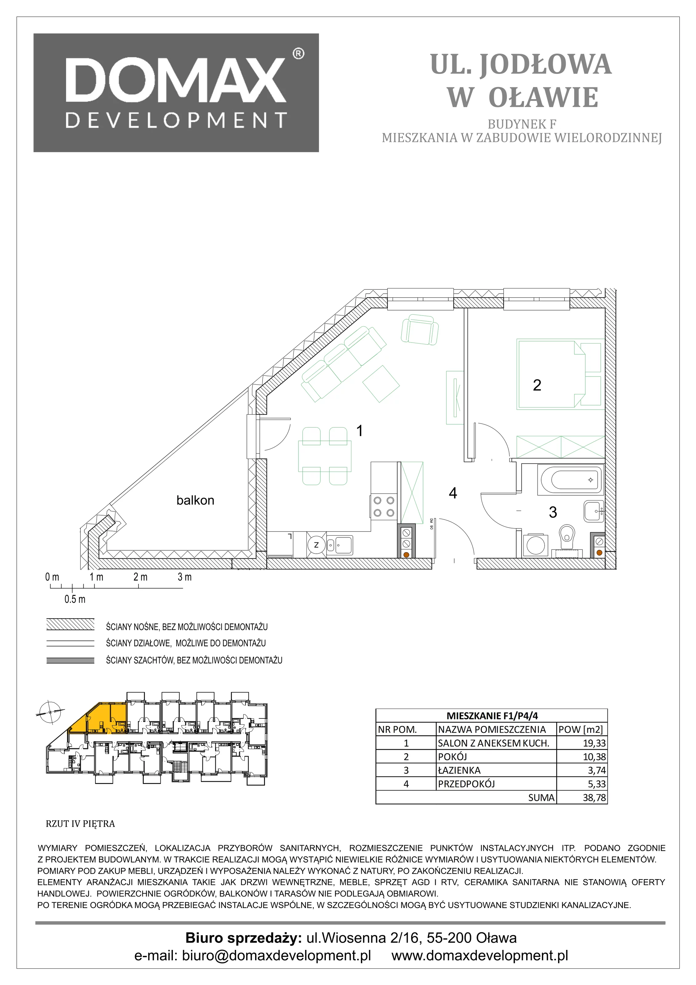 2 pokoje, mieszkanie 38,78 m², piętro 4, oferta nr F1/P4/4, Osiedle Jodłowa etap III, Oława, ul. Jodłowa 46
