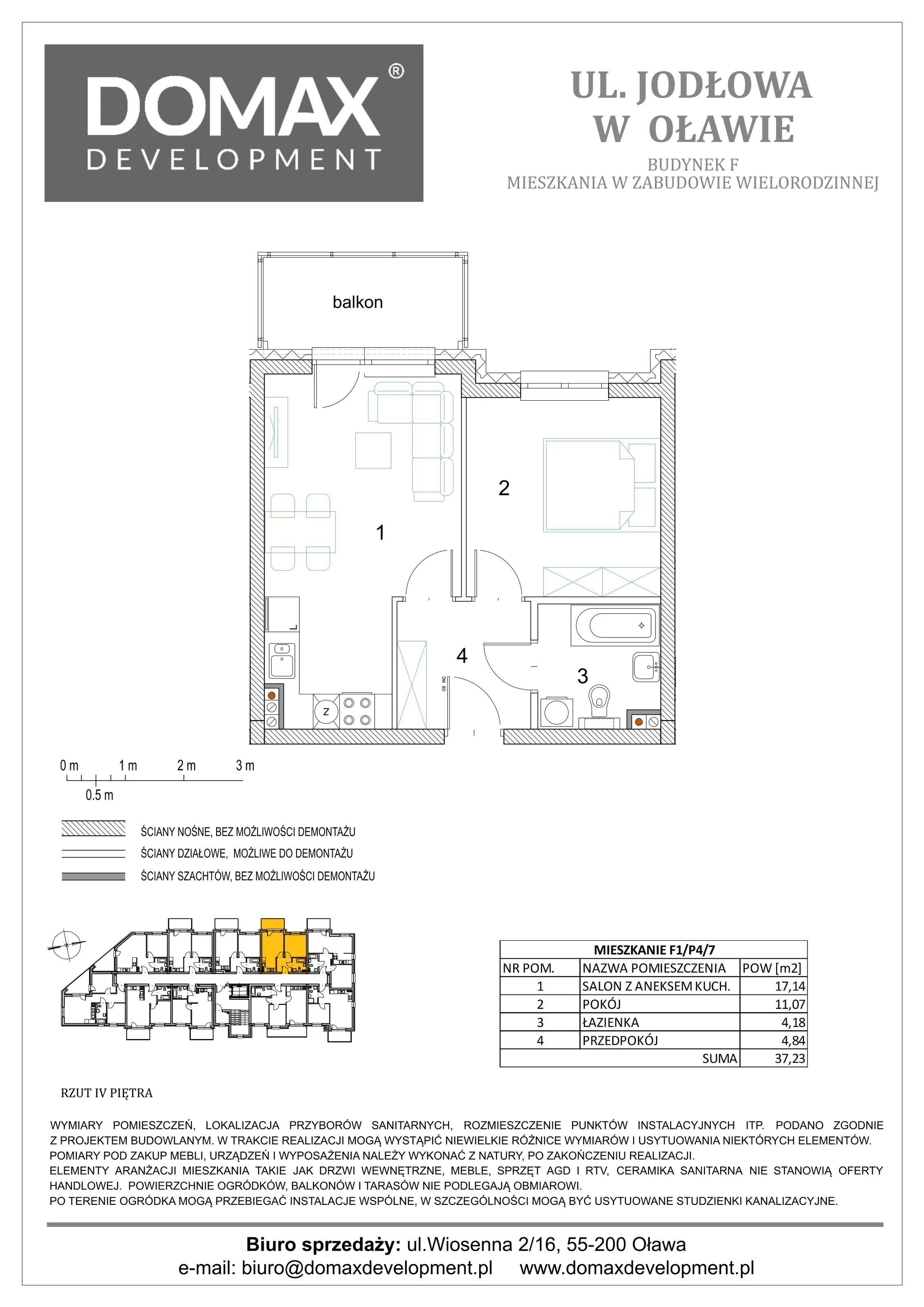2 pokoje, mieszkanie 37,23 m², piętro 4, oferta nr F1/P4/7, Osiedle Jodłowa etap III, Oława, ul. Jodłowa 46