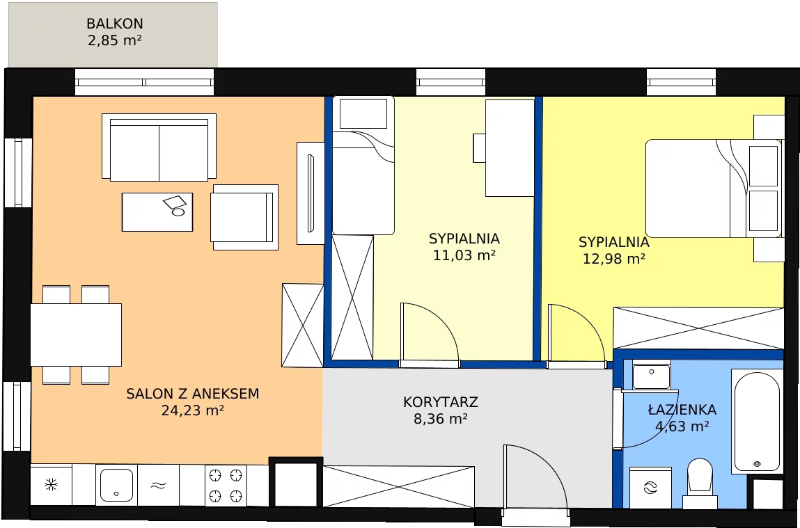 3 pokoje, apartament 63,22 m², piętro 1, oferta nr 1.8, Seaport, Gdynia, Grabówek, ul. Kołłątaja 18