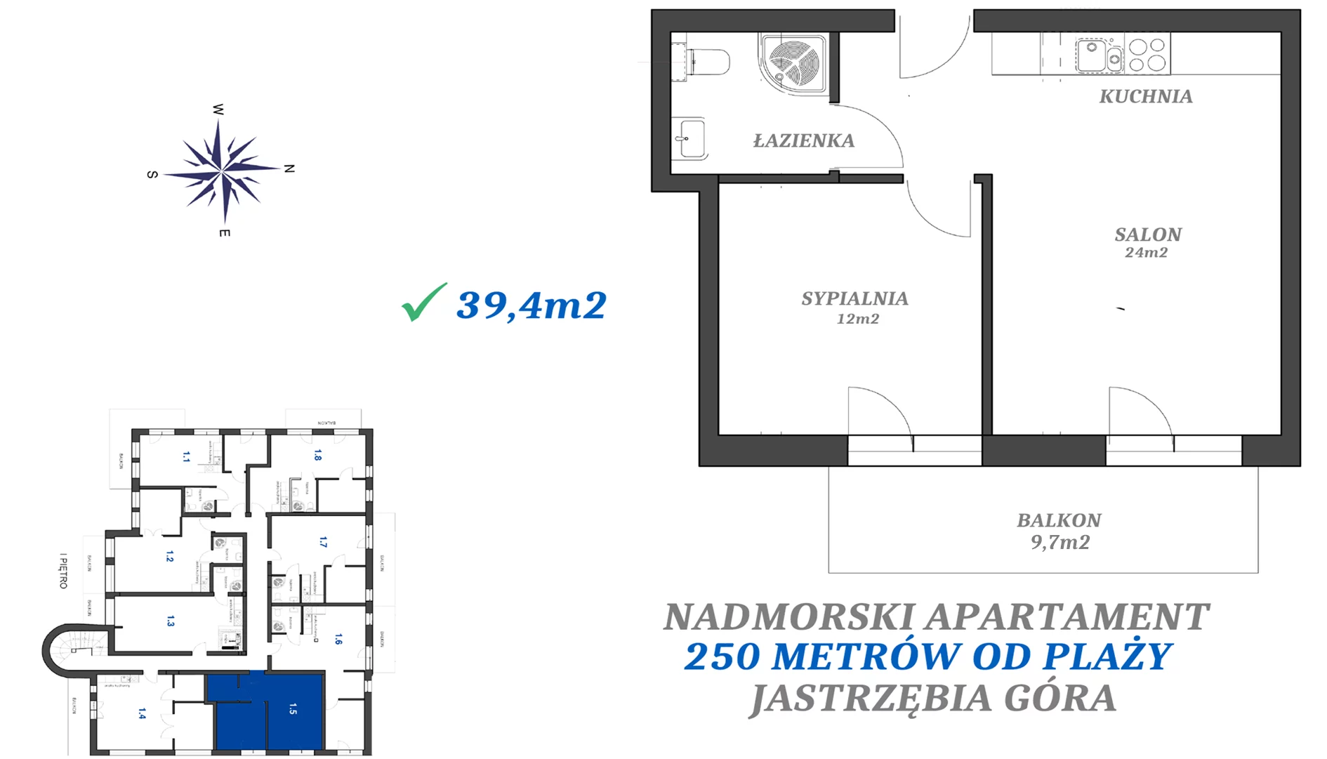 2 pokoje, apartament 39,40 m², piętro 1, oferta nr 1.5, Apartamenty FILMARE, Jastrzębia Góra, ul. Derdowskiego 17