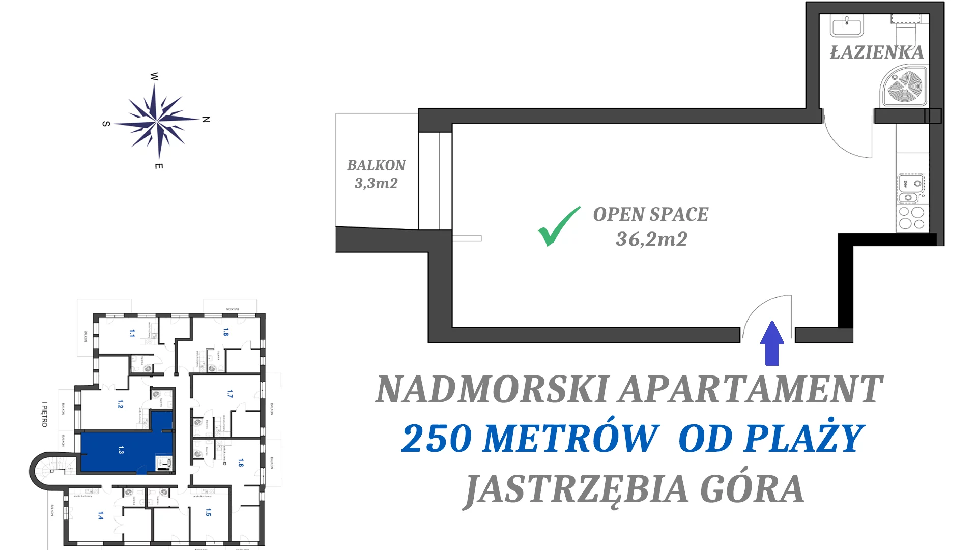 1 pokój, apartament 36,20 m², piętro 1, oferta nr 1.3, Apartamenty FILMARE, Jastrzębia Góra, ul. Derdowskiego 17