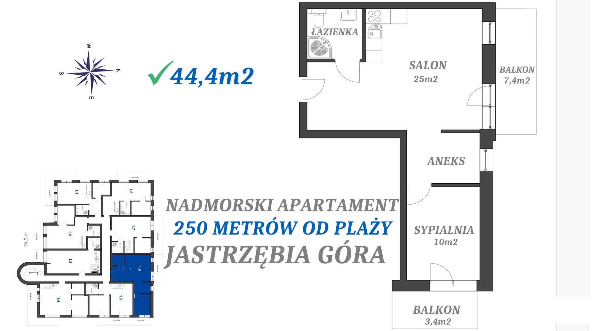 2 pokoje, apartament 44,40 m², piętro 1, oferta nr 1.6, Apartamenty FILMARE, Jastrzębia Góra, ul. Derdowskiego 17