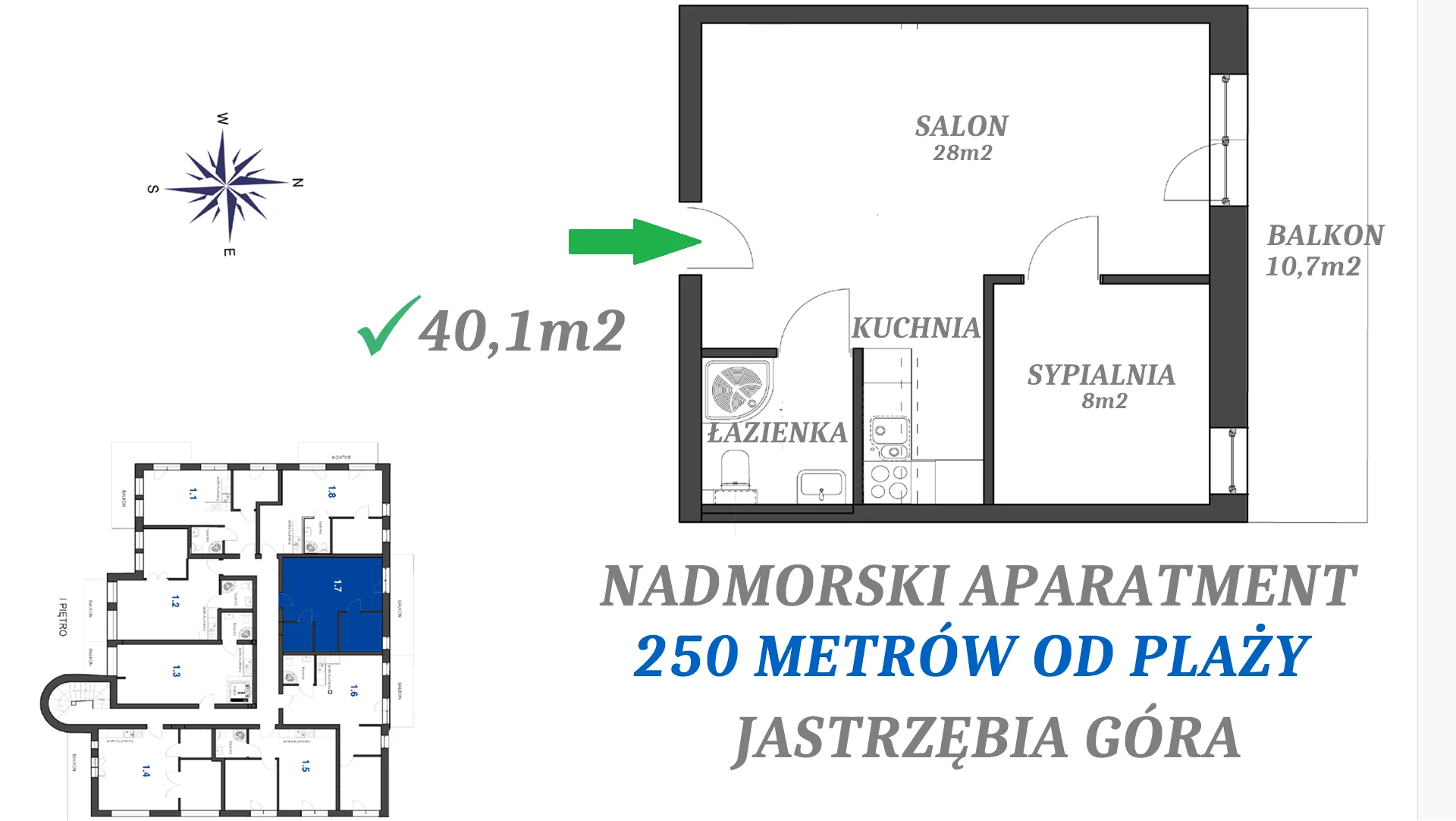 2 pokoje, apartament 40,10 m², piętro 1, oferta nr 1.7, Apartamenty FILMARE, Jastrzębia Góra, ul. Derdowskiego 17