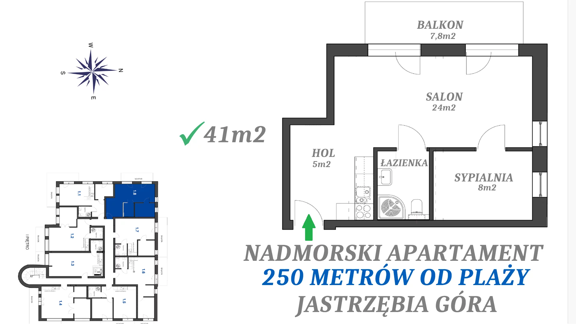 2 pokoje, apartament 41,00 m², piętro 1, oferta nr 1.8, Apartamenty FILMARE, Jastrzębia Góra, ul. Derdowskiego 17