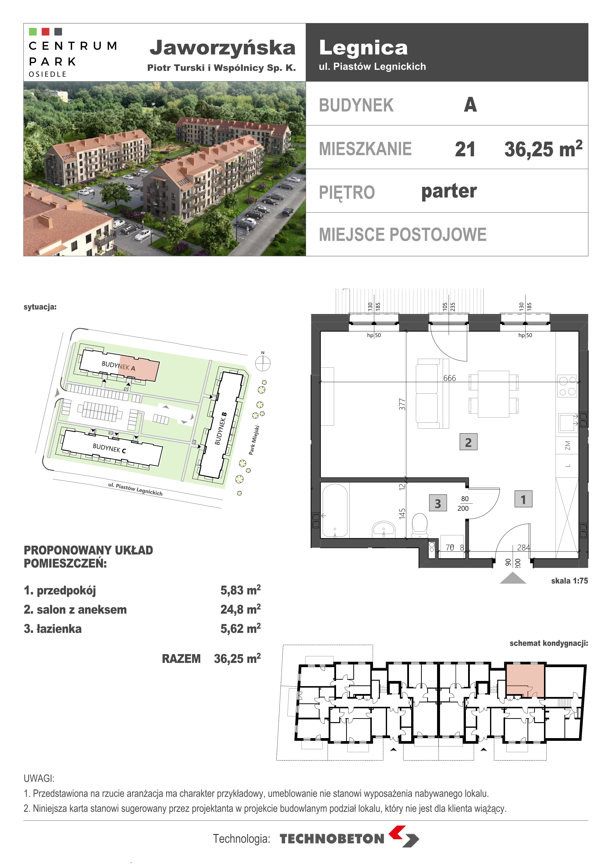 1 pokój, mieszkanie 36,06 m², parter, oferta nr LM.21, Osiedle Centrum Park, Legnica, ul. Mickiewicza 44/45