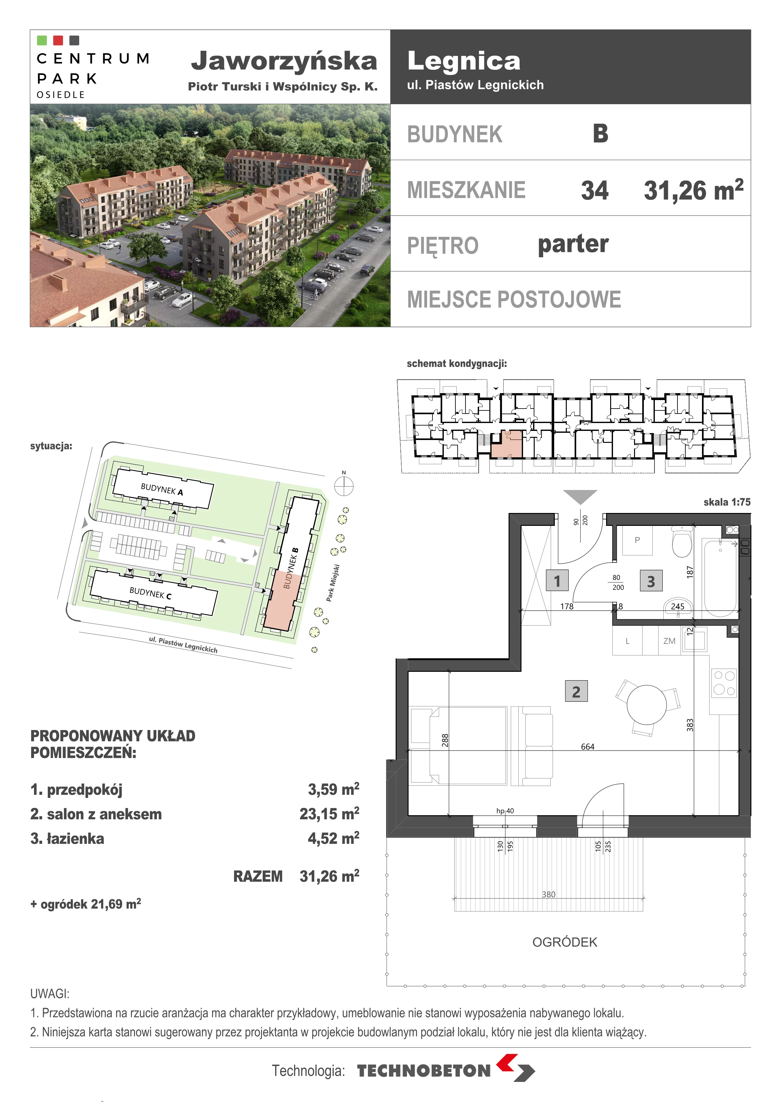 1 pokój, mieszkanie 31,26 m², parter, oferta nr LM.34, Osiedle Centrum Park, Legnica, ul. Mickiewicza 44/45