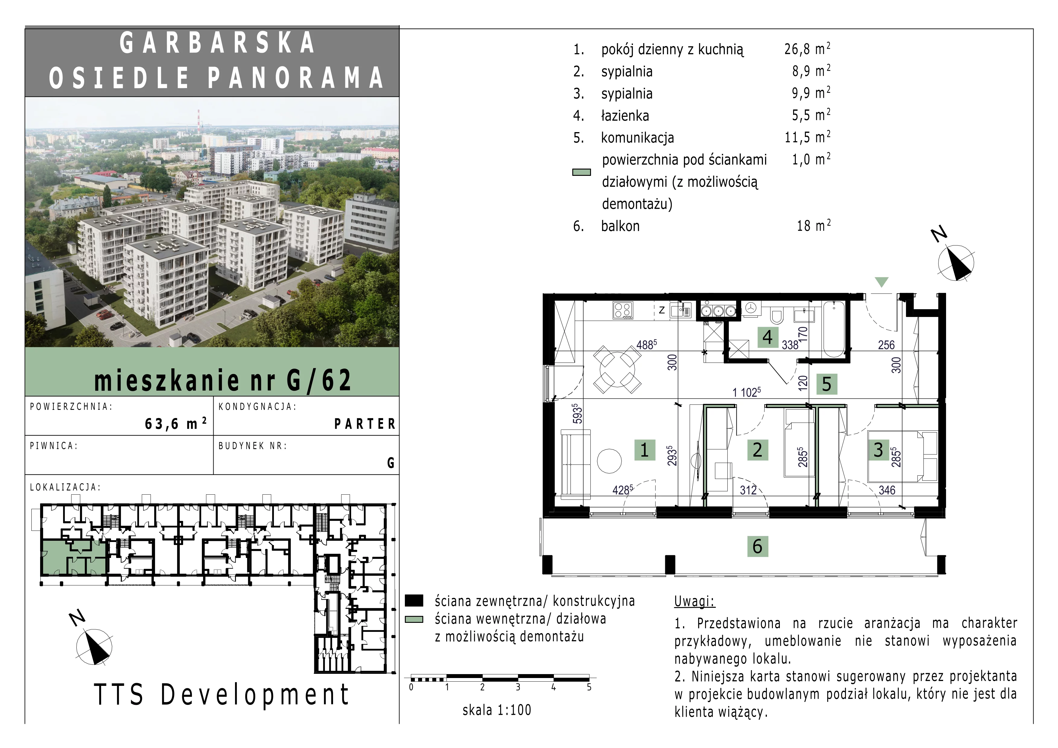 2 pokoje, mieszkanie 63,51 m², parter, oferta nr 62, Osiedle Panorama, Lublin, Kośminek, Majdanek, ul. Garbarska 18A/18B 