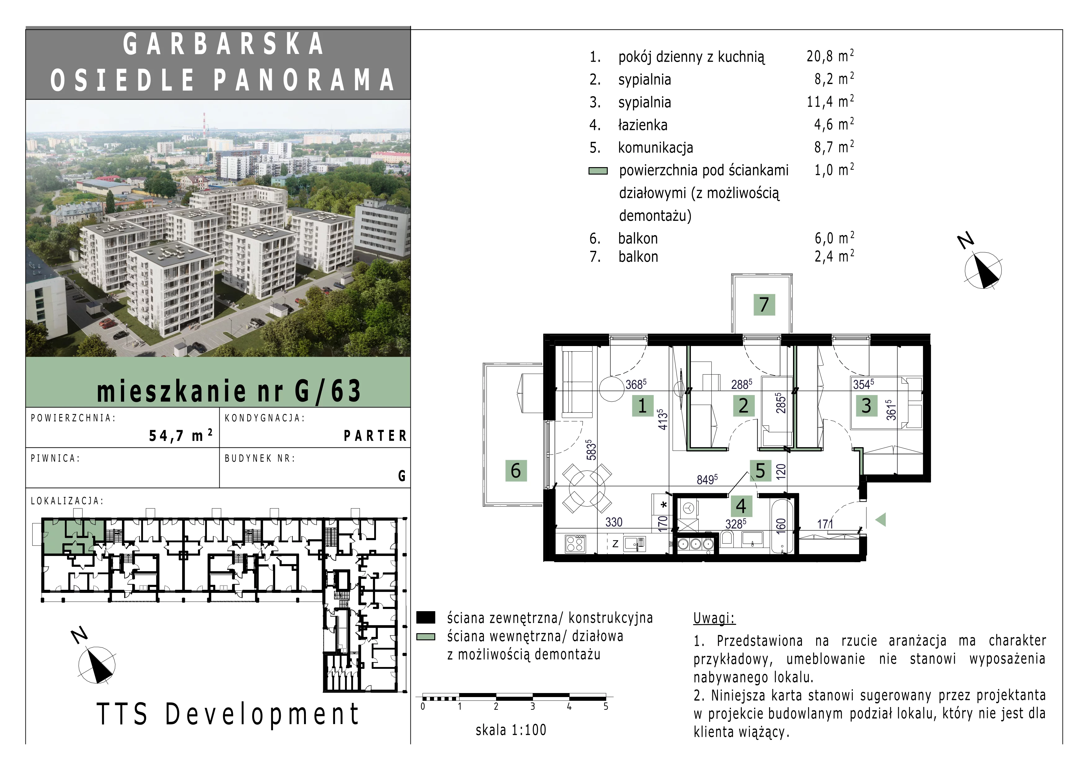 2 pokoje, mieszkanie 54,69 m², parter, oferta nr 63, Osiedle Panorama, Lublin, Kośminek, Majdanek, ul. Garbarska 18A/18B 