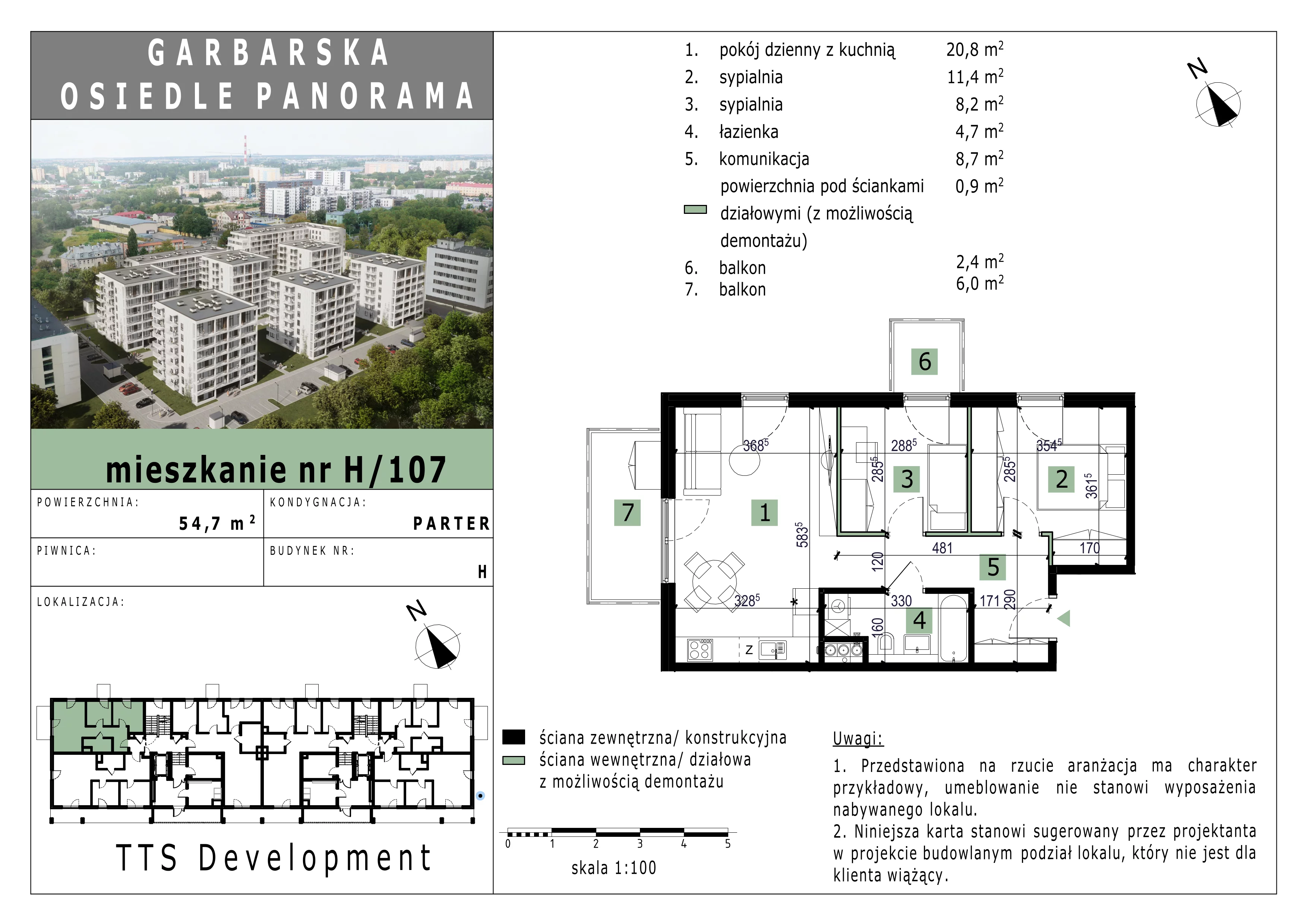 2 pokoje, mieszkanie 54,79 m², parter, oferta nr 107, Osiedle Panorama, Lublin, Kośminek, Majdanek, ul. Garbarska 18A/18B 