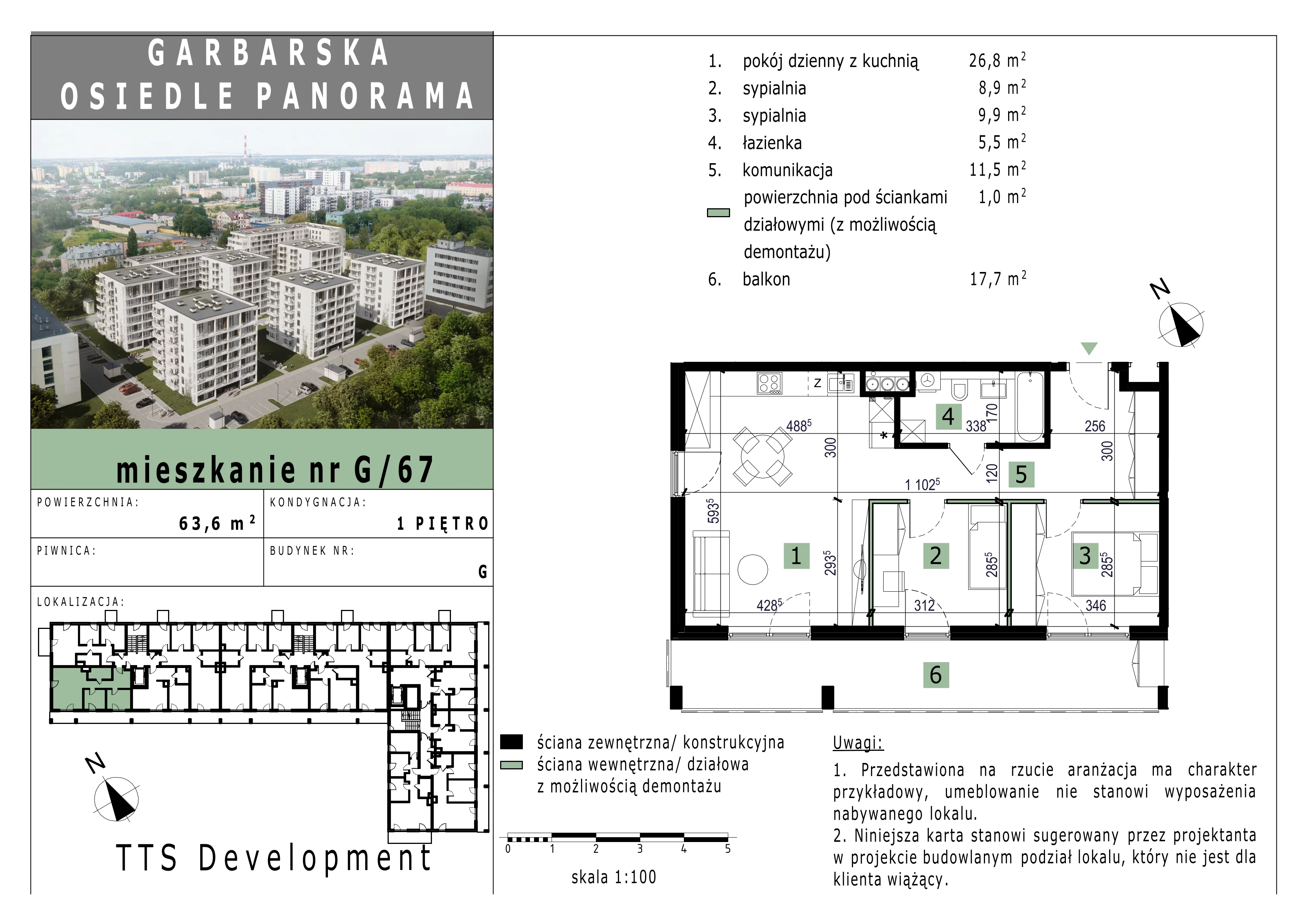 2 pokoje, mieszkanie 63,66 m², piętro 1, oferta nr 67, Osiedle Panorama, Lublin, Kośminek, Majdanek, ul. Garbarska 18A/18B 