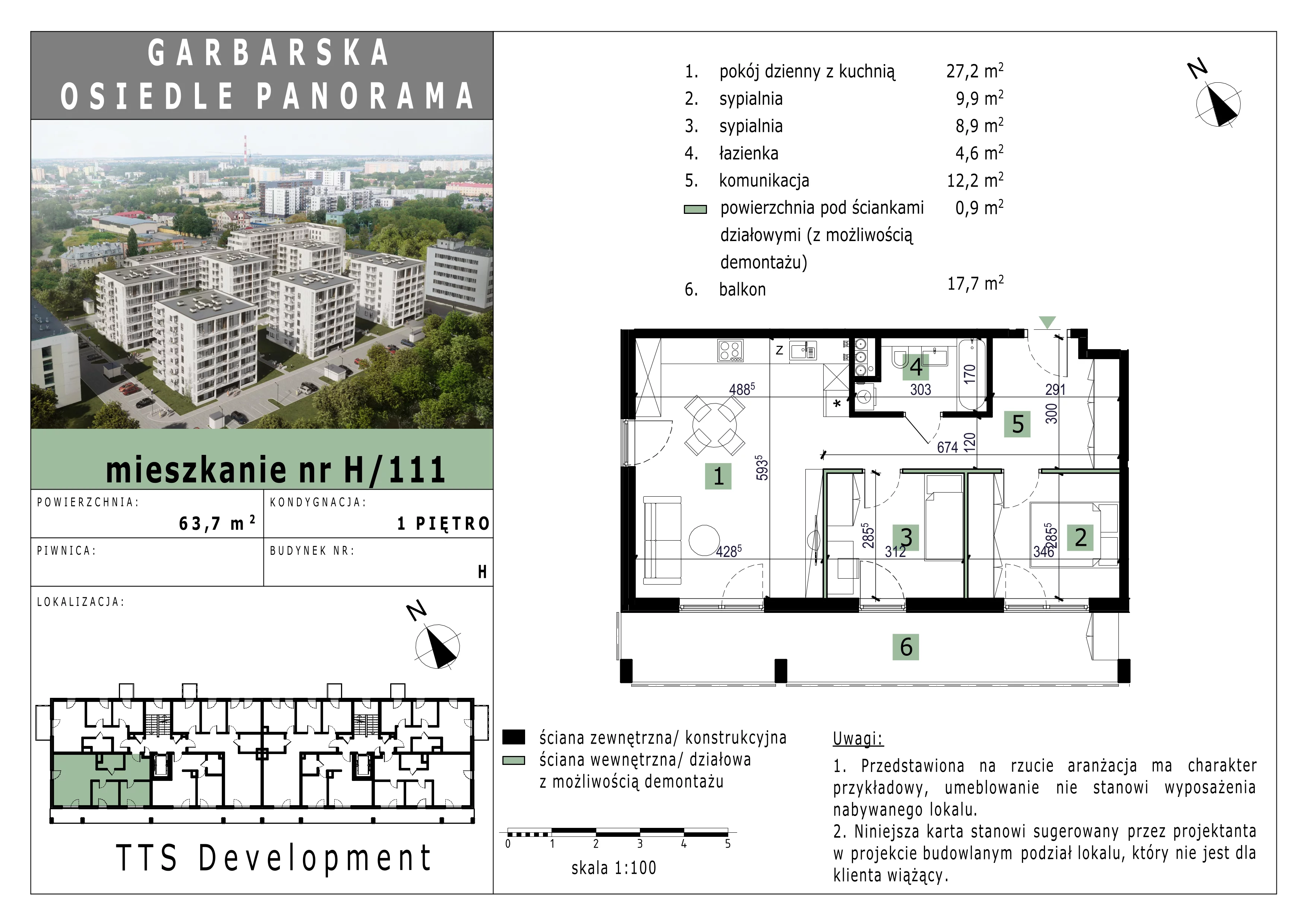 2 pokoje, mieszkanie 63,72 m², piętro 1, oferta nr 111, Osiedle Panorama, Lublin, Kośminek, Majdanek, ul. Garbarska 18A/18B 