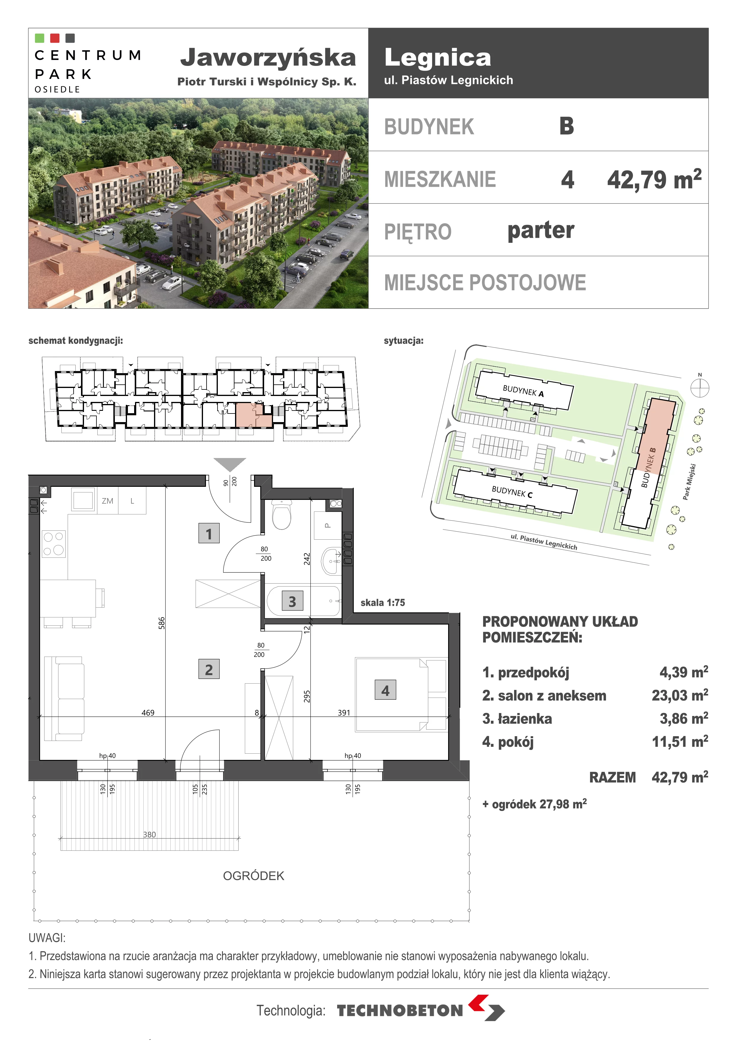 2 pokoje, mieszkanie 42,79 m², parter, oferta nr LM.4, Osiedle Centrum Park, Legnica, ul. Mickiewicza 44/45