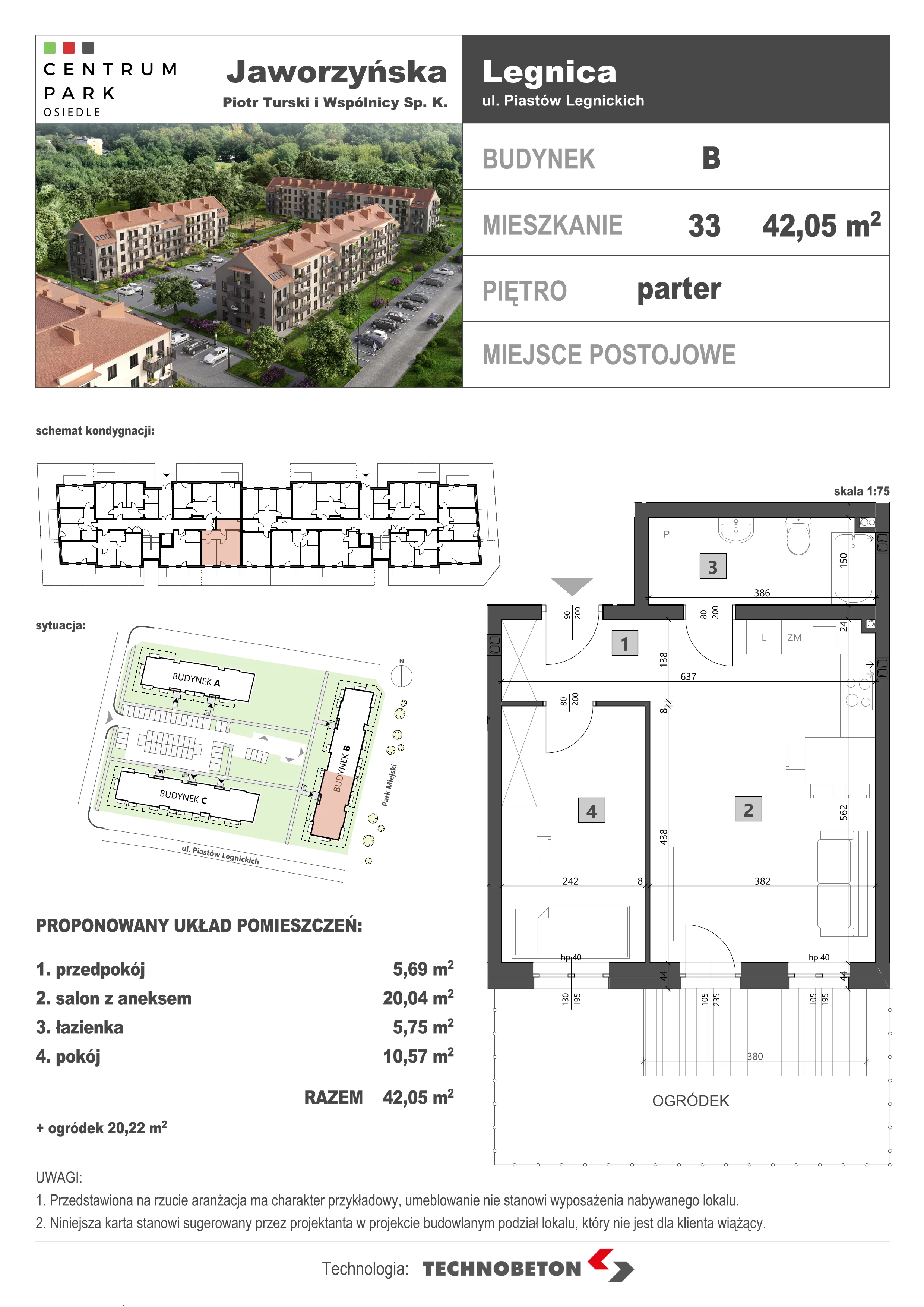2 pokoje, mieszkanie 42,05 m², parter, oferta nr LM.33, Osiedle Centrum Park, Legnica, ul. Mickiewicza 44/45