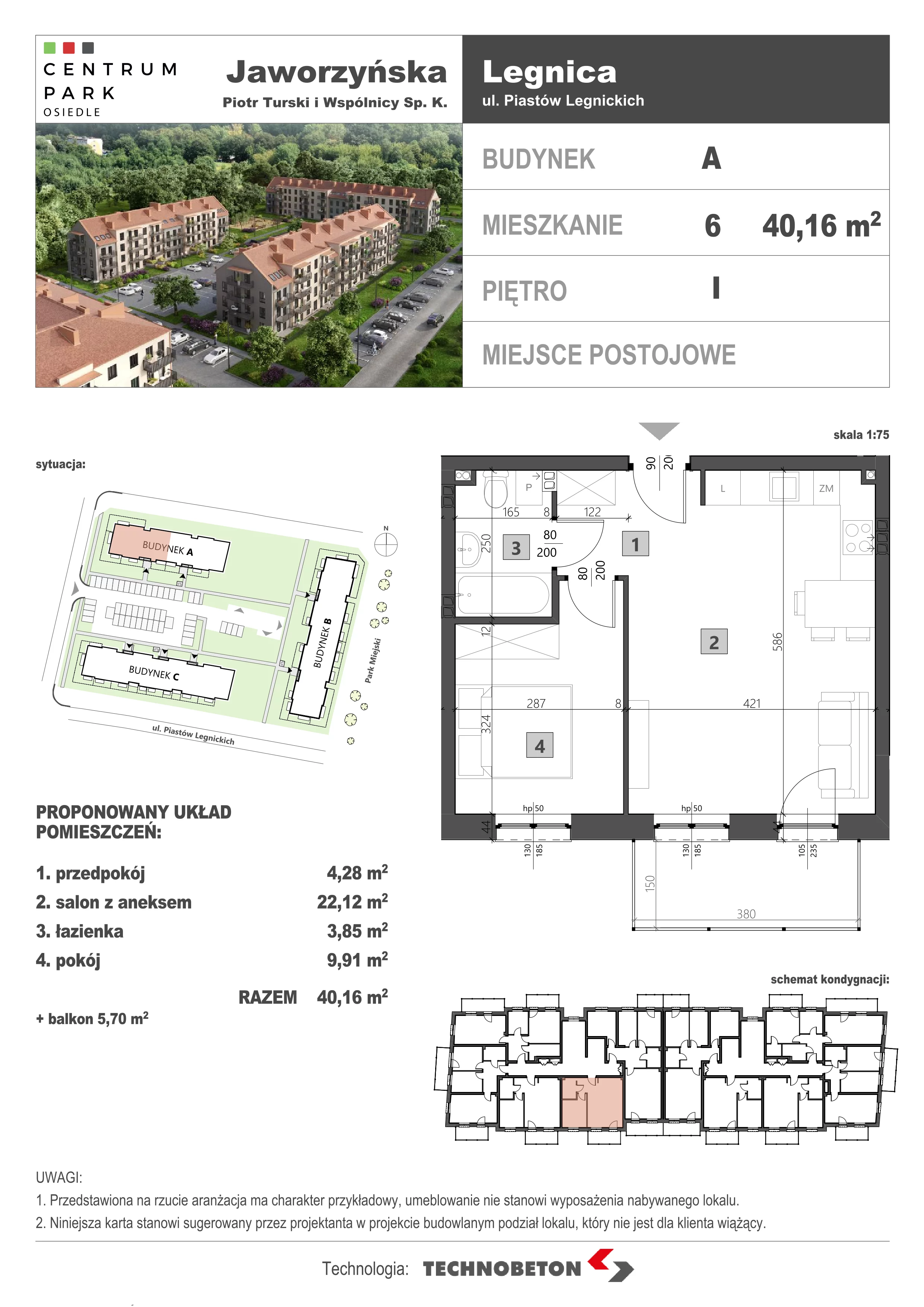2 pokoje, mieszkanie 40,49 m², piętro 1, oferta nr LM.6, Osiedle Centrum Park, Legnica, ul. Mickiewicza 44/45