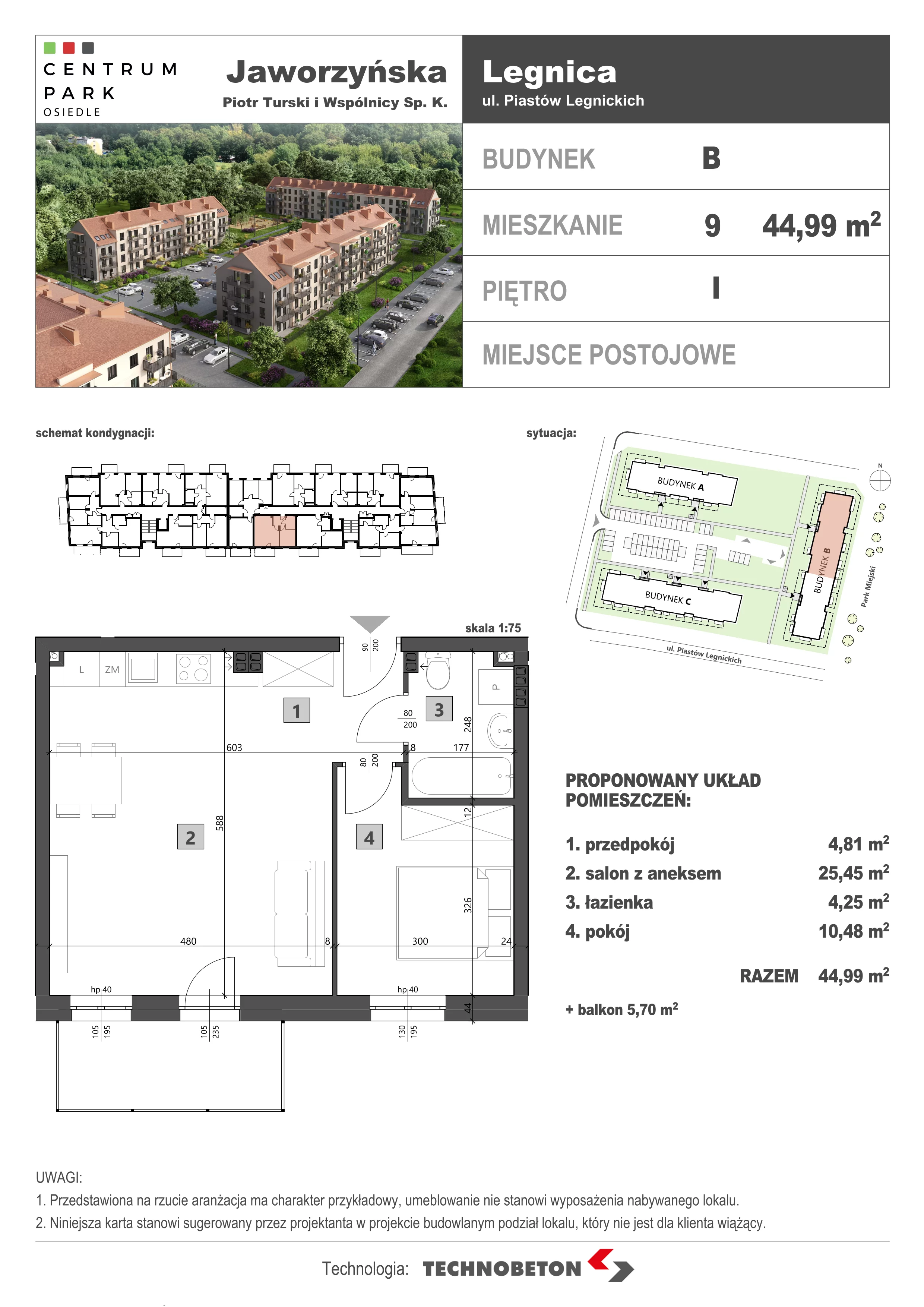 2 pokoje, mieszkanie 44,99 m², piętro 1, oferta nr LM.9, Osiedle Centrum Park, Legnica, ul. Mickiewicza 44/45