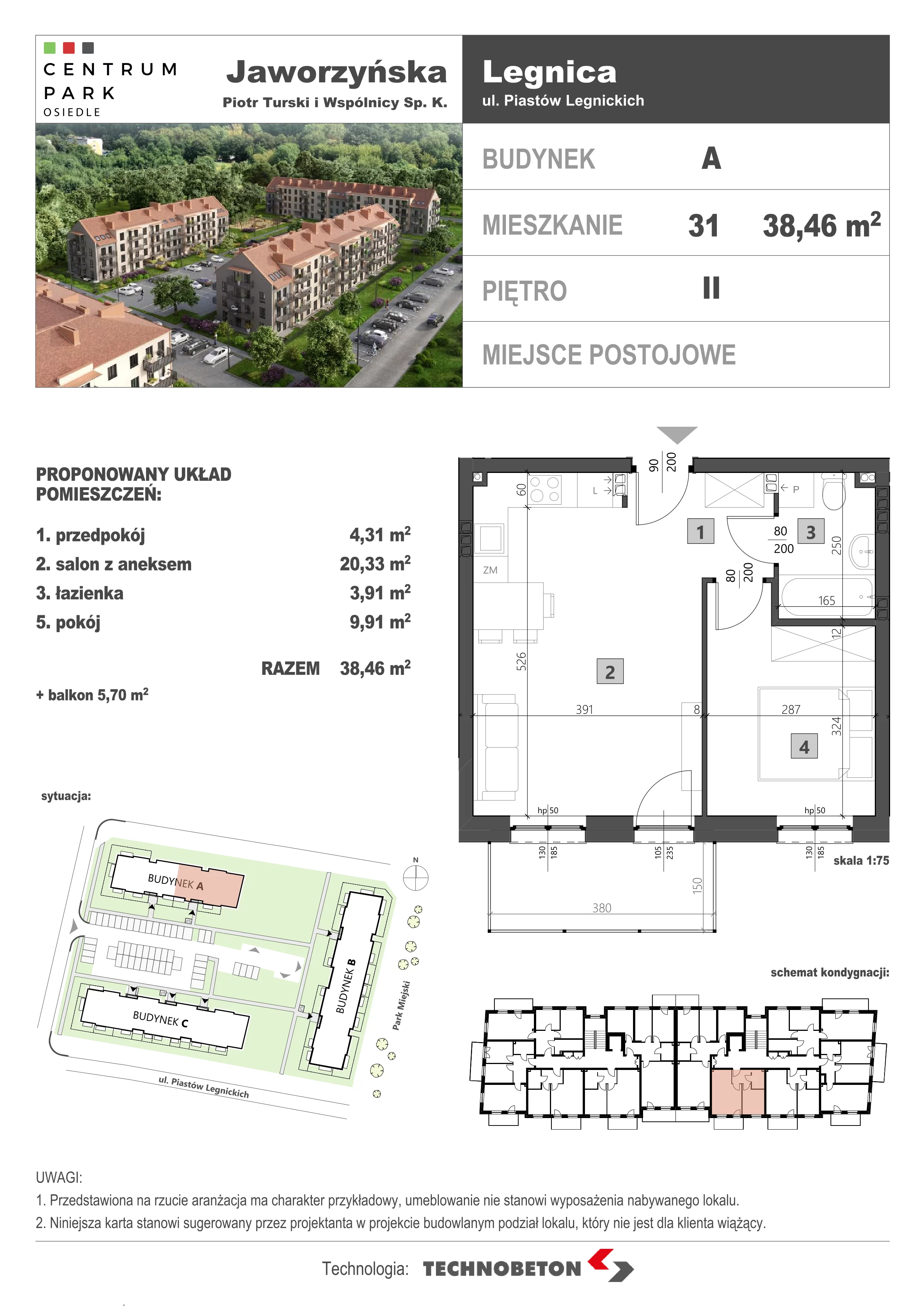 2 pokoje, mieszkanie 38,52 m², piętro 2, oferta nr LM.31, Osiedle Centrum Park, Legnica, ul. Mickiewicza 44/45
