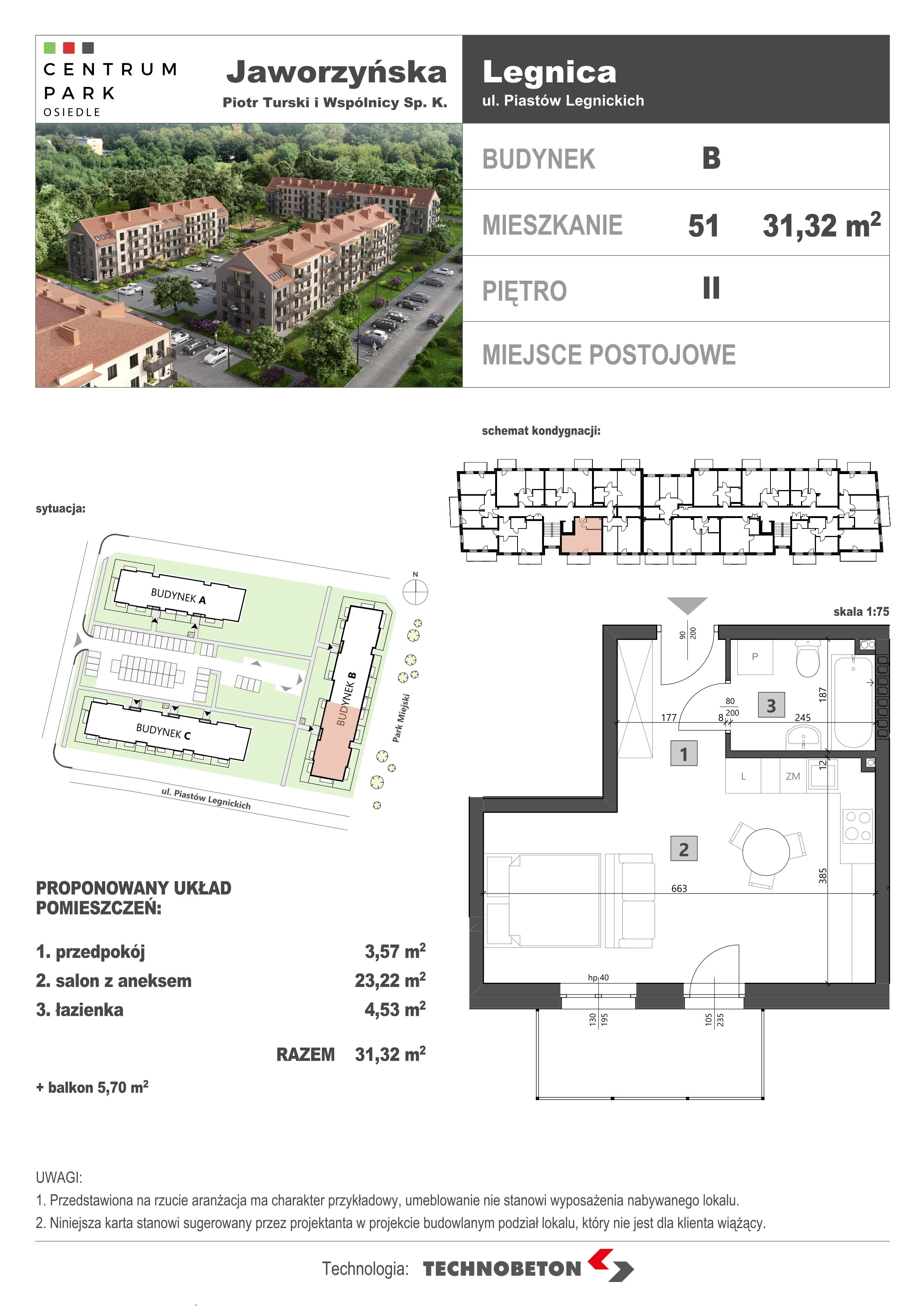 2 pokoje, mieszkanie 31,32 m², piętro 2, oferta nr LM.51, Osiedle Centrum Park, Legnica, ul. Mickiewicza 44/45