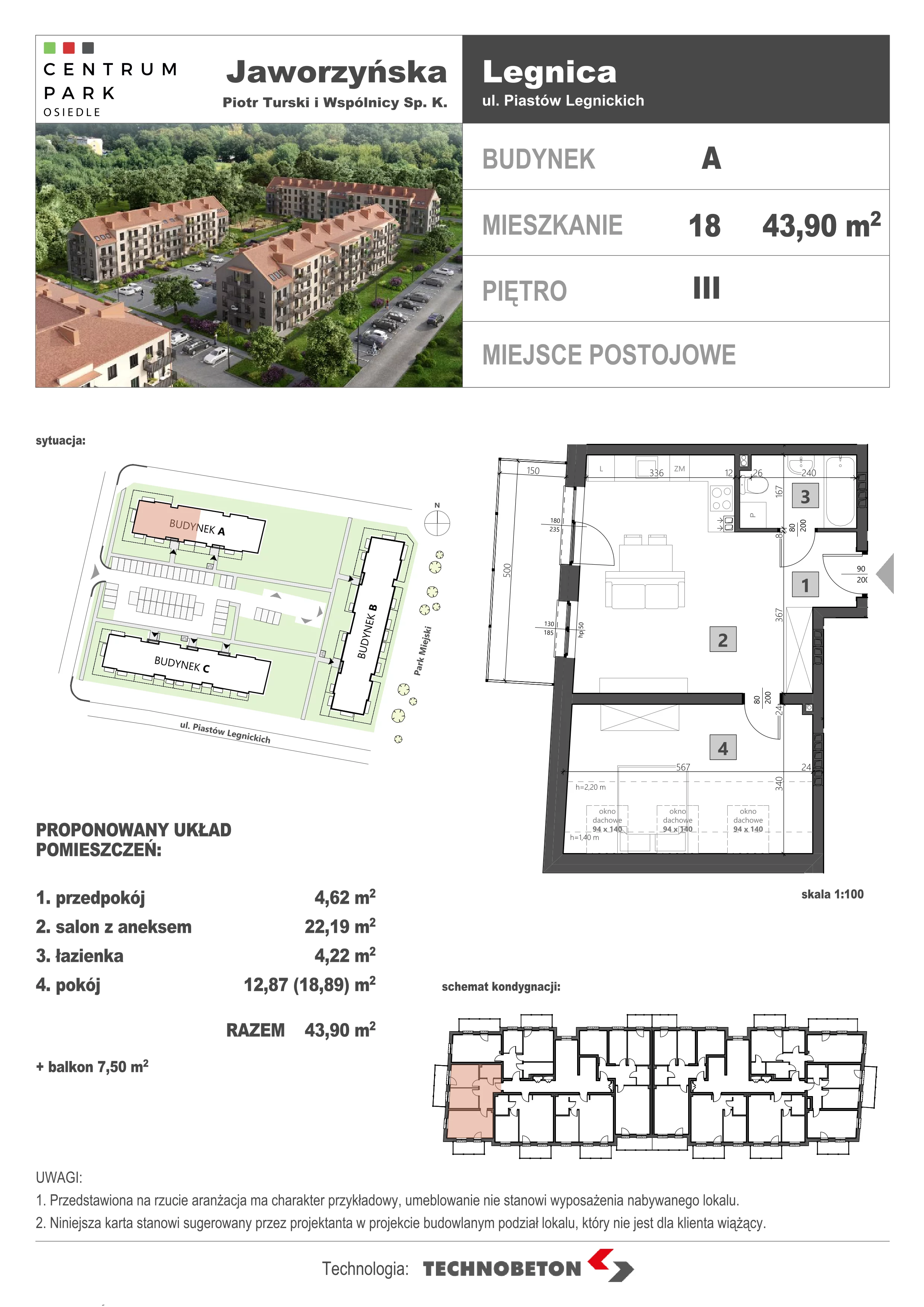 2 pokoje, mieszkanie 43,01 m², piętro 3, oferta nr LM.18, Osiedle Centrum Park, Legnica, ul. Mickiewicza 44/45