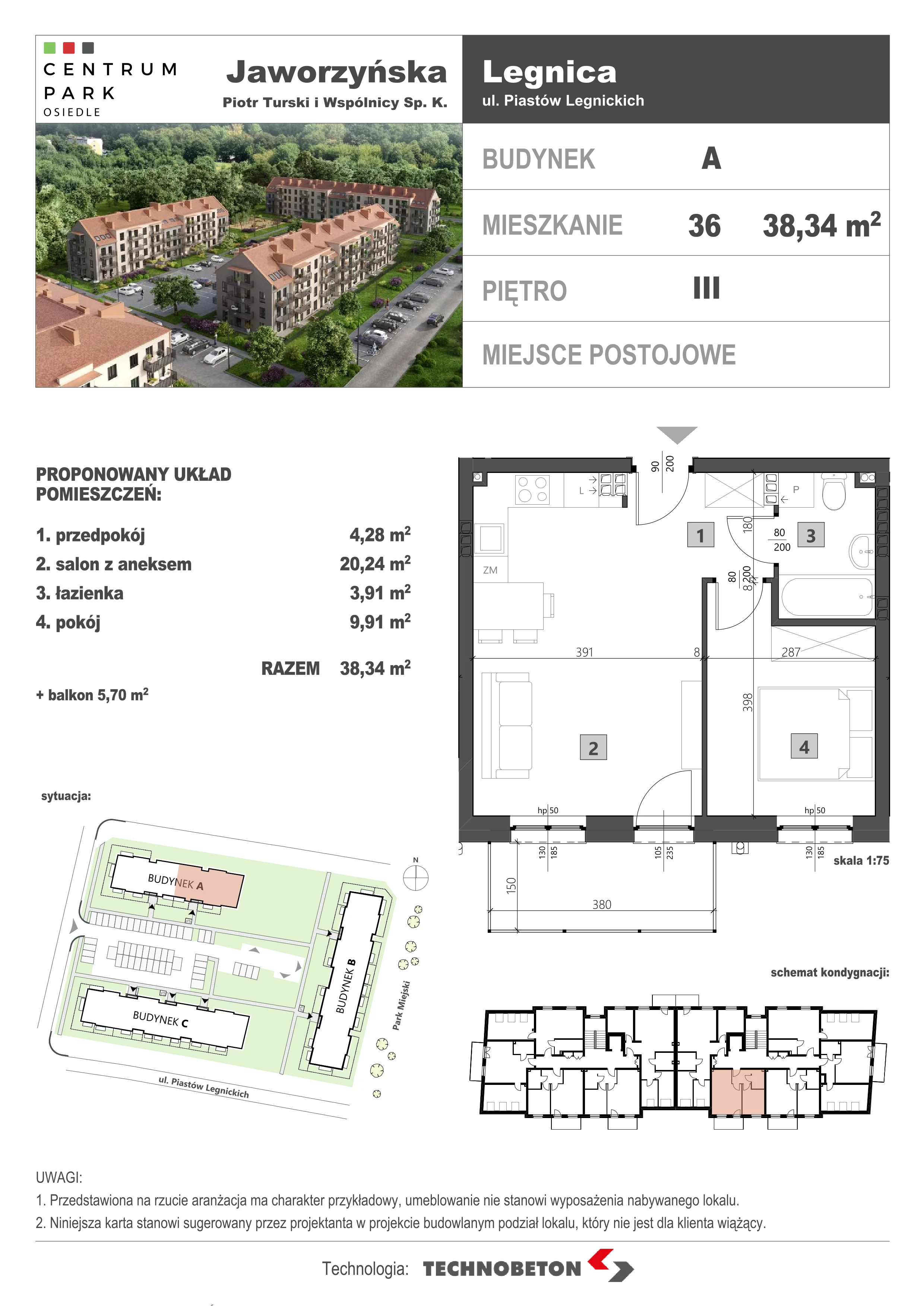 2 pokoje, mieszkanie 38,49 m², piętro 3, oferta nr LM.36, Osiedle Centrum Park, Legnica, ul. Mickiewicza 44/45