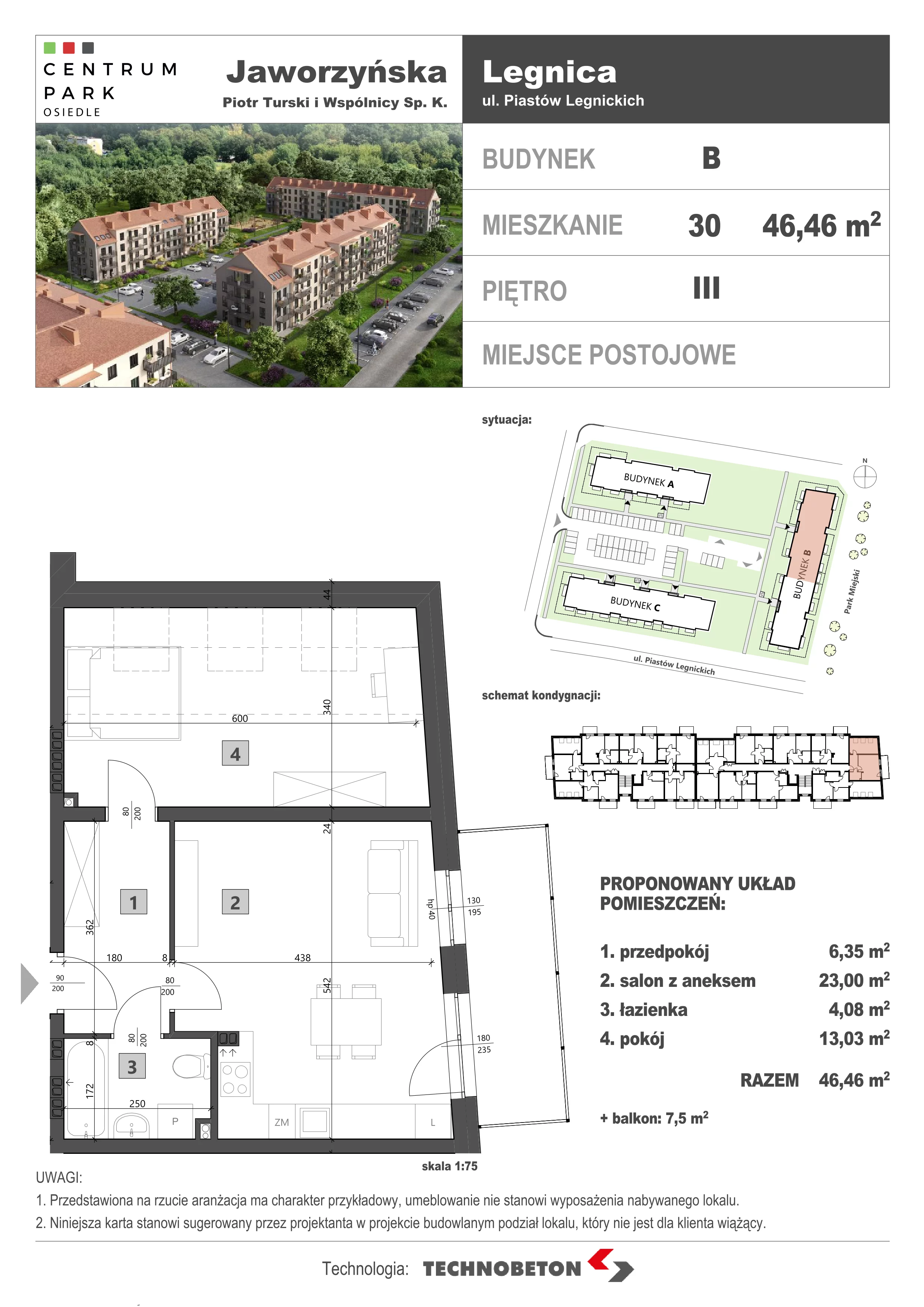 2 pokoje, mieszkanie 46,55 m², piętro 3, oferta nr LM.30, Osiedle Centrum Park, Legnica, ul. Mickiewicza 44/45