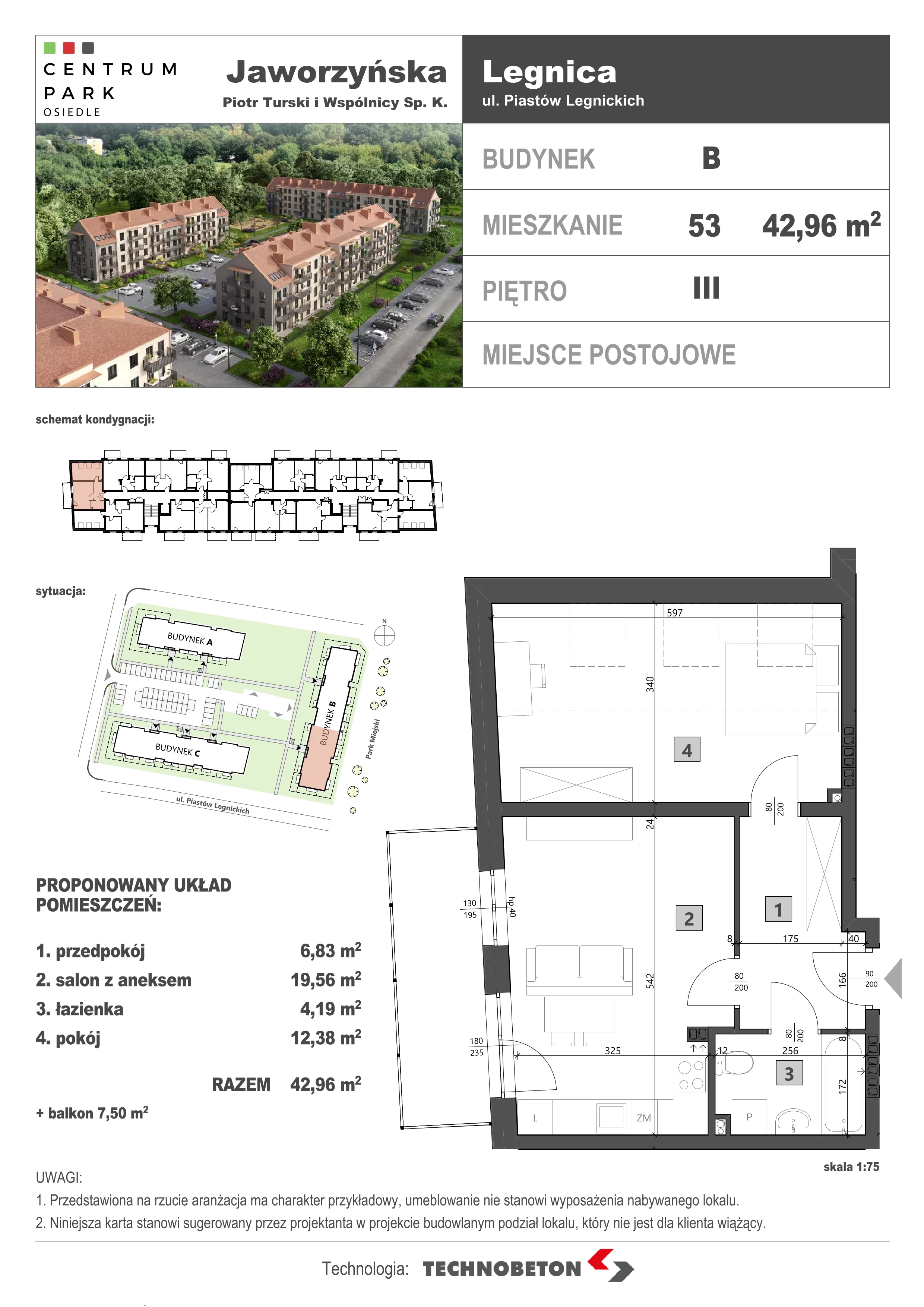 2 pokoje, mieszkanie 42,86 m², piętro 3, oferta nr LM.53, Osiedle Centrum Park, Legnica, ul. Mickiewicza 44/45