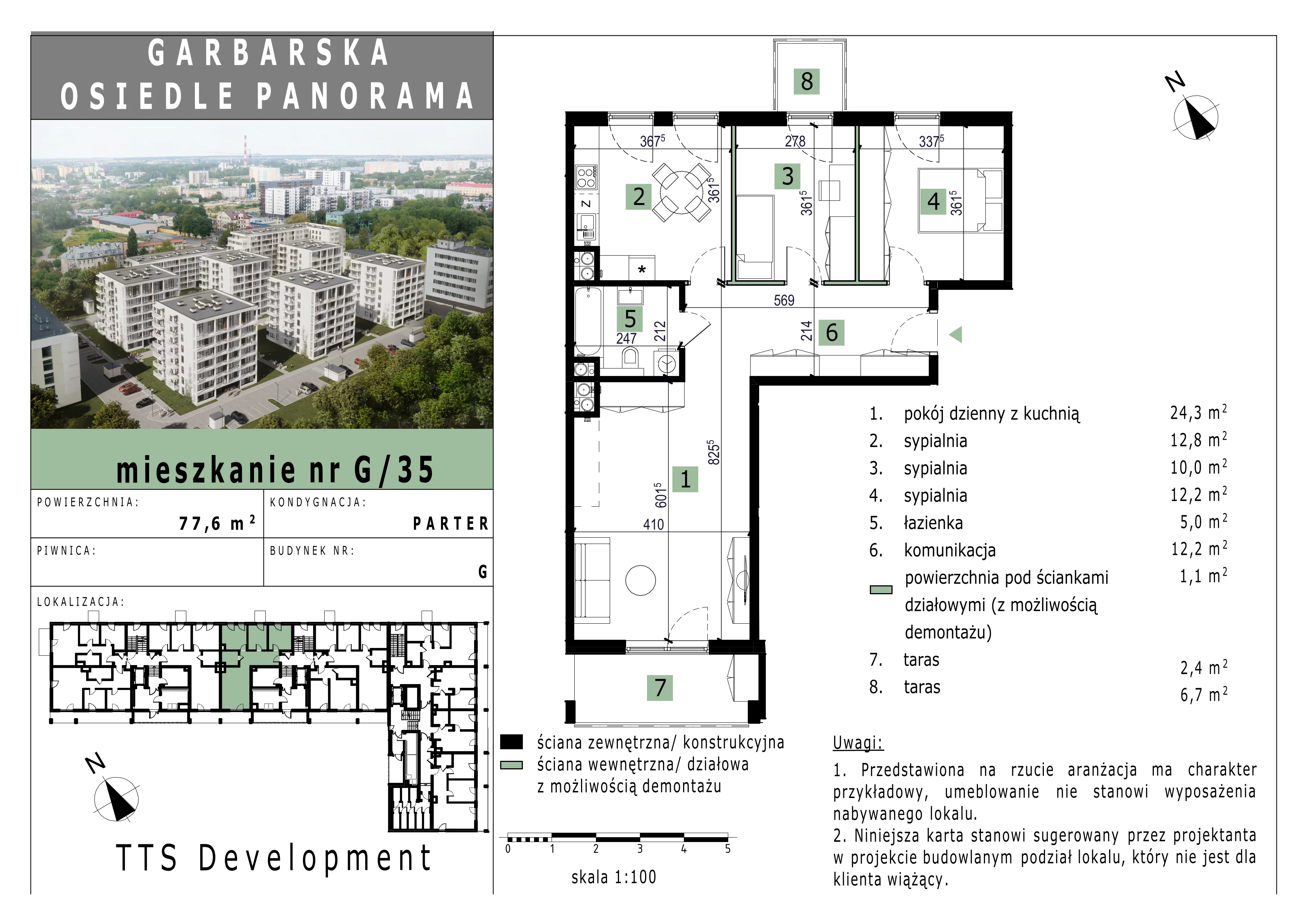 3 pokoje, mieszkanie 77,48 m², parter, oferta nr 35, Osiedle Panorama, Lublin, Kośminek, Majdanek, ul. Garbarska 18A/18B 