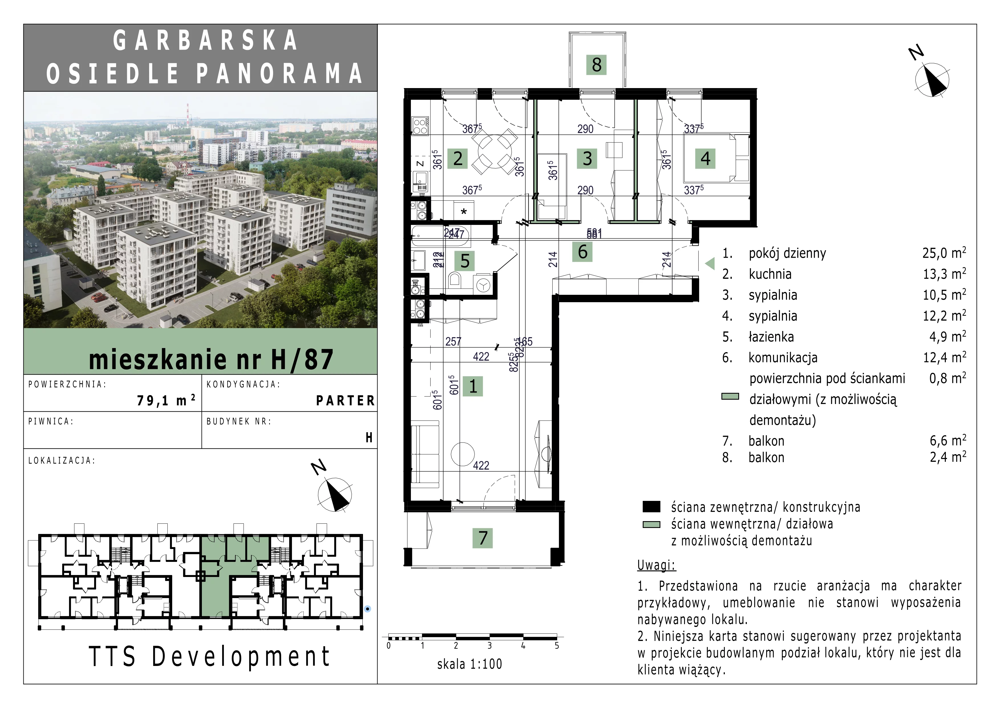 3 pokoje, mieszkanie 79,05 m², parter, oferta nr 87, Osiedle Panorama, Lublin, Kośminek, Majdanek, ul. Garbarska 18A/18B 