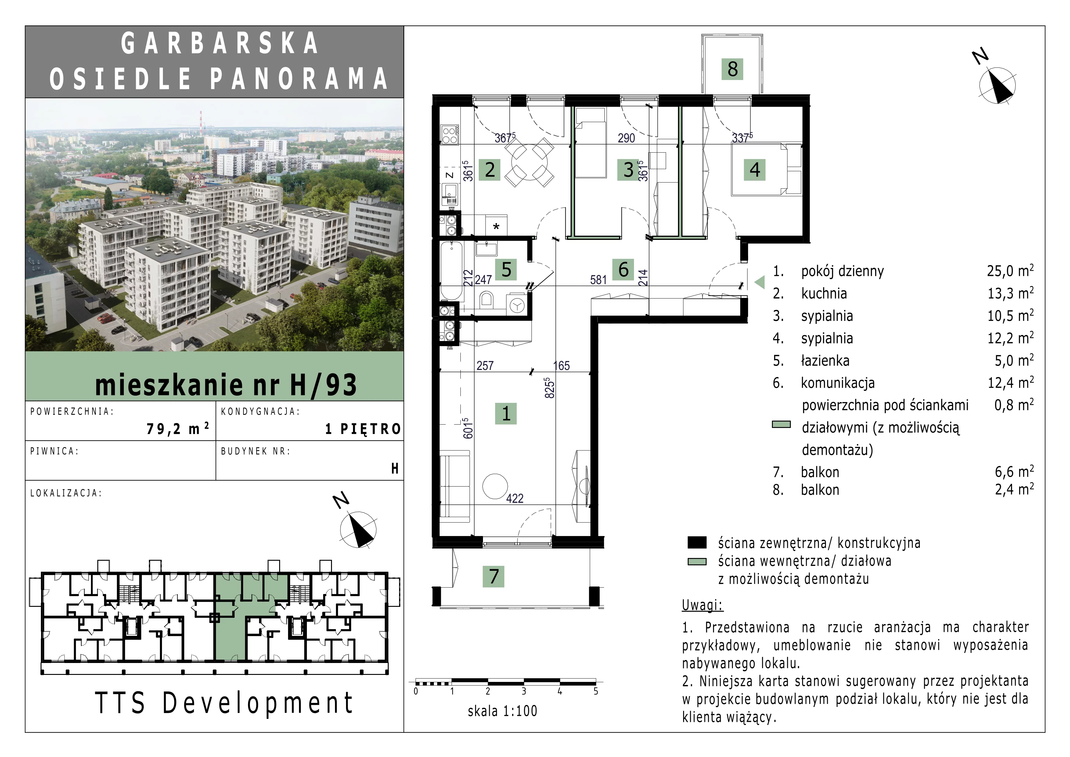 3 pokoje, mieszkanie 79,18 m², piętro 1, oferta nr 93, Osiedle Panorama, Lublin, Kośminek, Majdanek, ul. Garbarska 18A/18B 