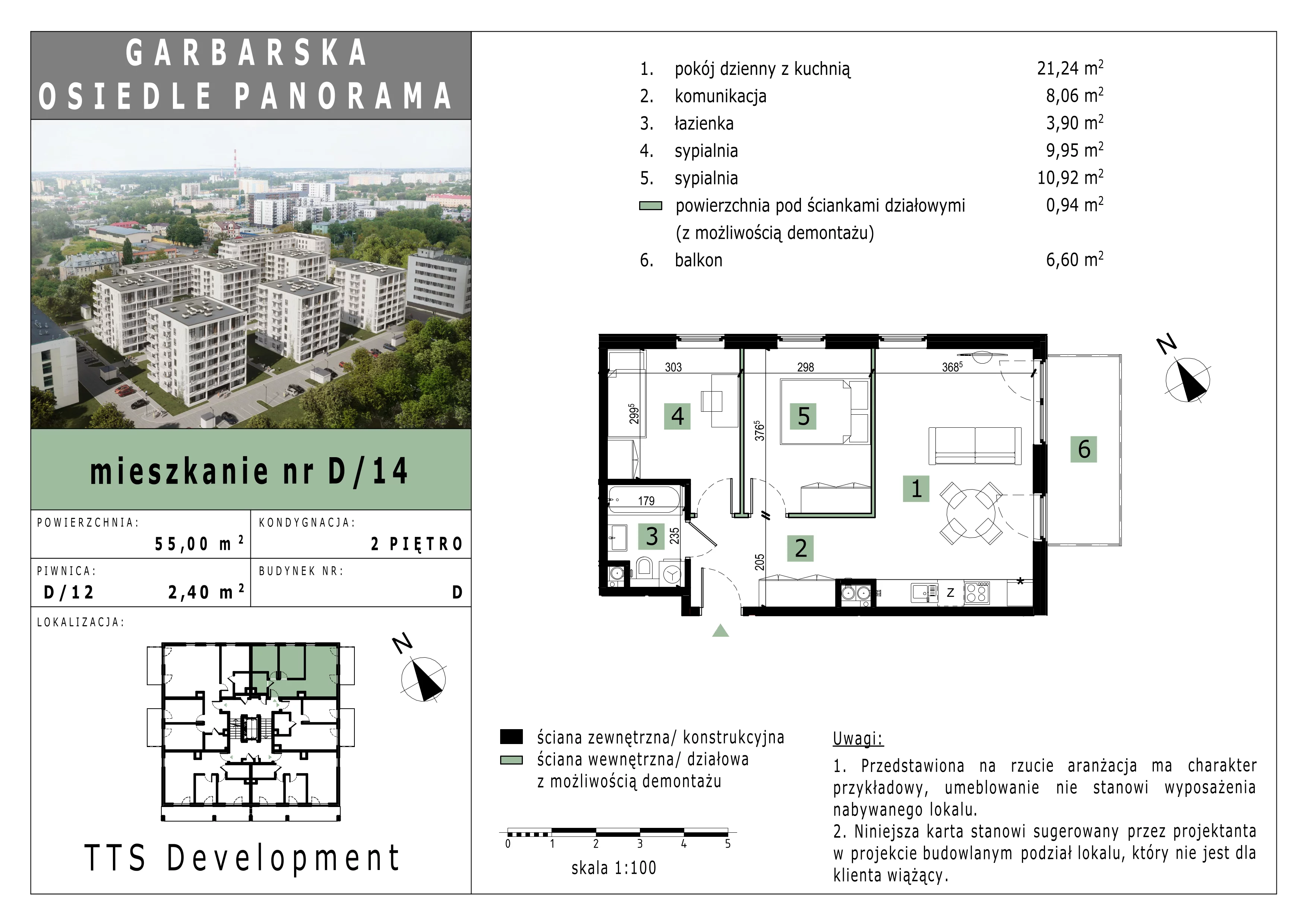 3 pokoje, mieszkanie 55,01 m², piętro 2, oferta nr LM.14, Osiedle Panorama, Lublin, Kośminek, Majdanek, ul. Garbarska 18A/18B 