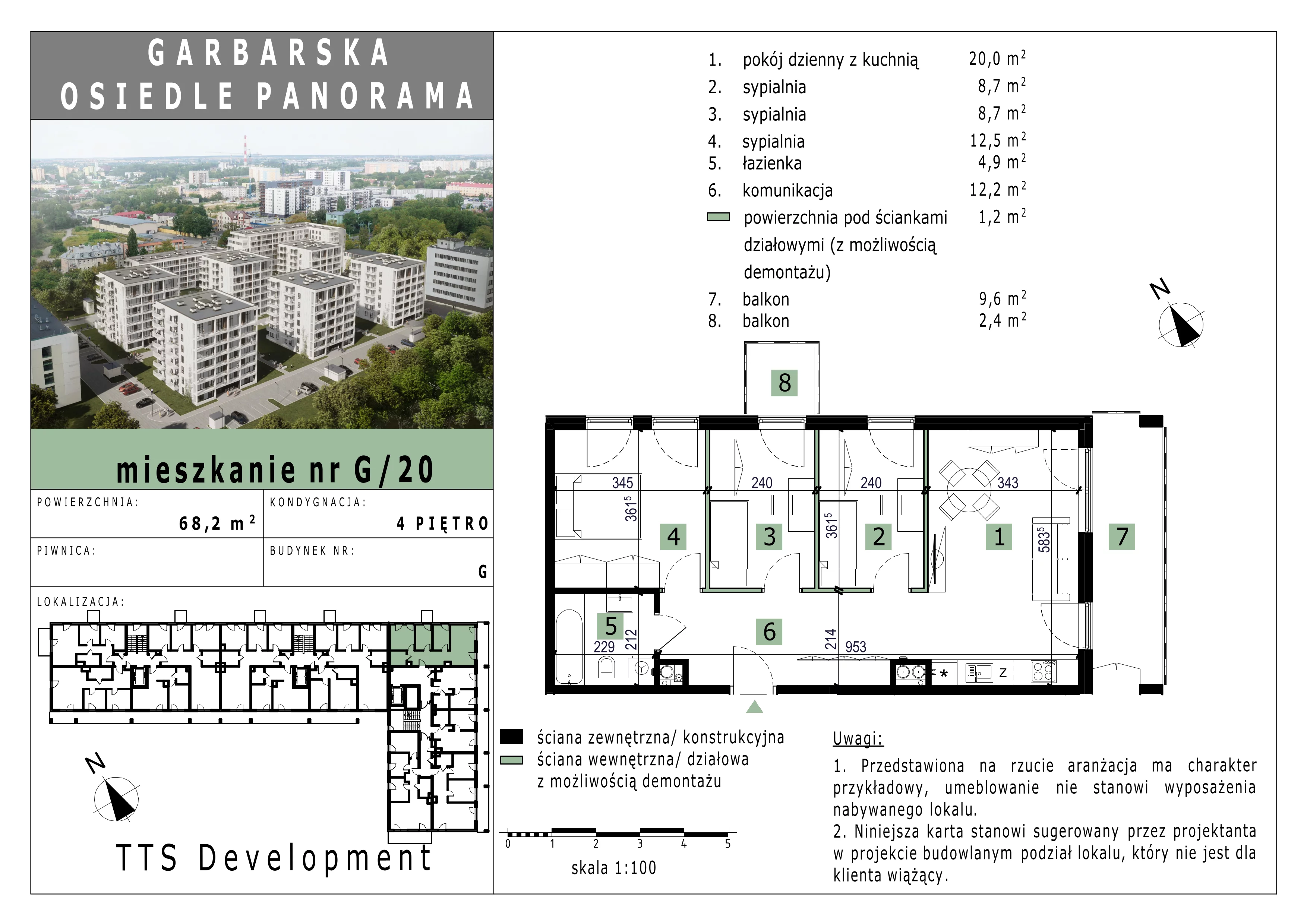 3 pokoje, mieszkanie 68,21 m², piętro 4, oferta nr 20, Osiedle Panorama, Lublin, Kośminek, Majdanek, ul. Garbarska 18A/18B 
