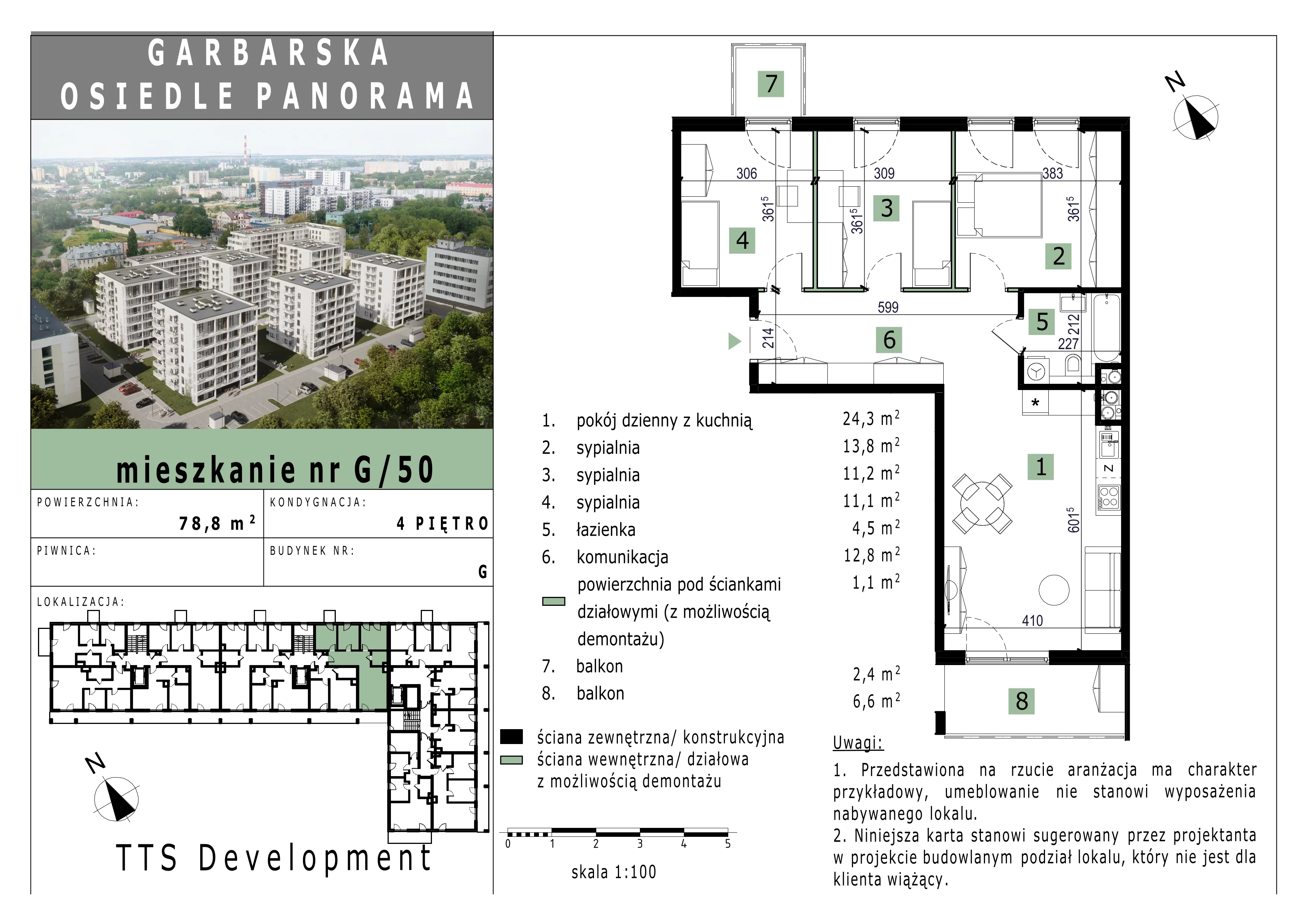 3 pokoje, mieszkanie 78,65 m², piętro 4, oferta nr 50, Osiedle Panorama, Lublin, Kośminek, Majdanek, ul. Garbarska 18A/18B 